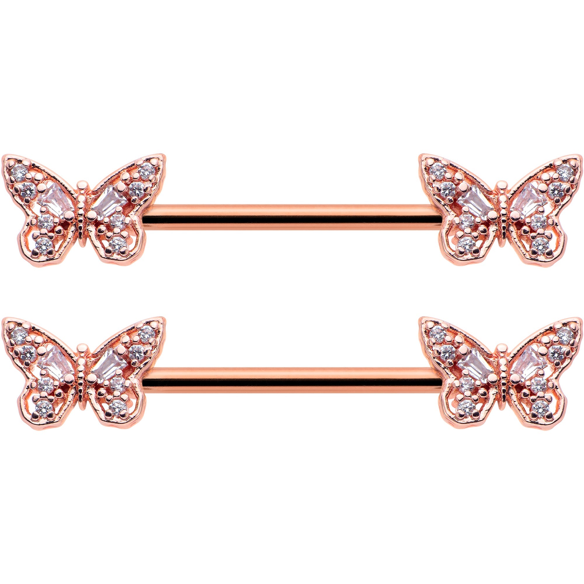 BodyCandy 14G 9/16 Clear Gem Rosy Tone Baroque Butterfly Nipple Ring Set — detail close-up
