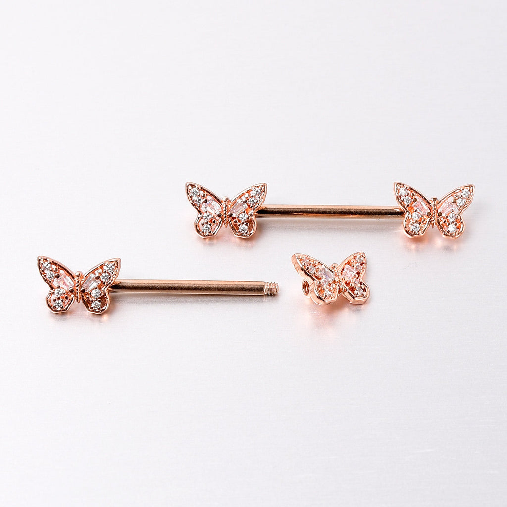BodyCandy 14G 9/16 Clear Gem Rosy Tone Baroque Butterfly Nipple Ring Set — back view