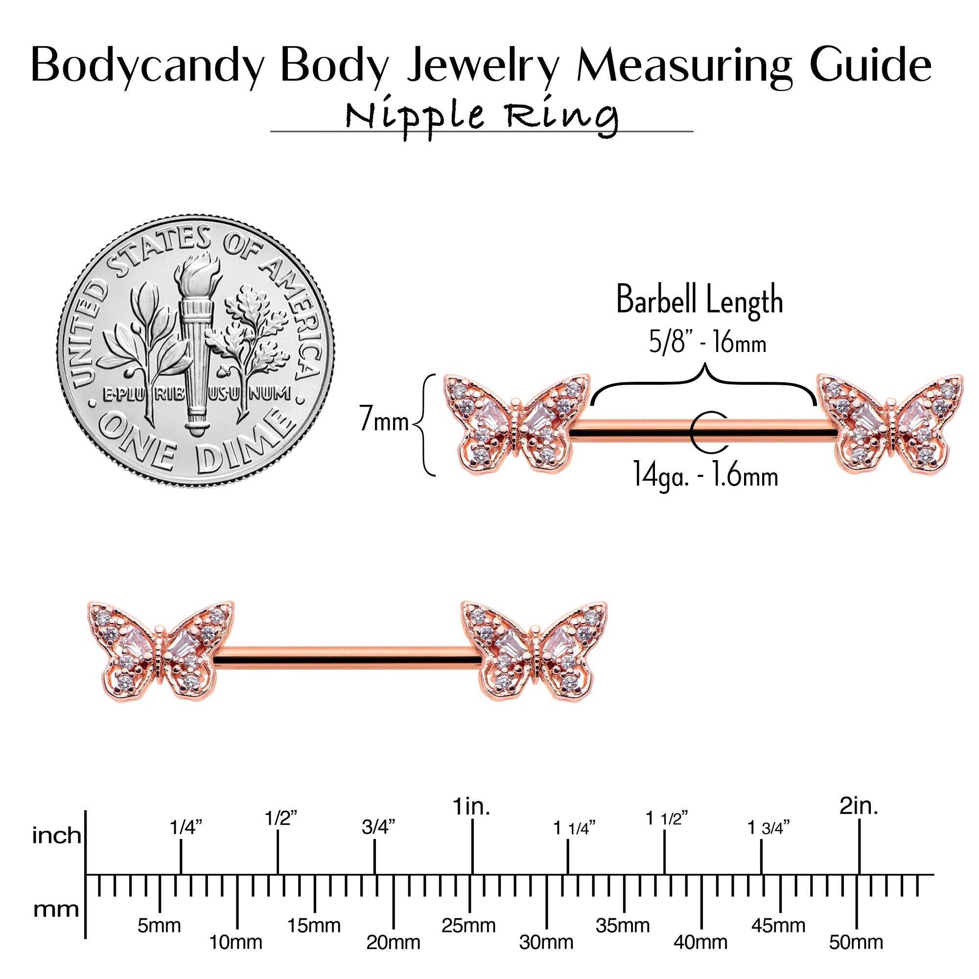 BodyCandy 14G 9/16 Clear Gem Rosy Tone Baroque Butterfly Nipple Ring Set — alternative angle
