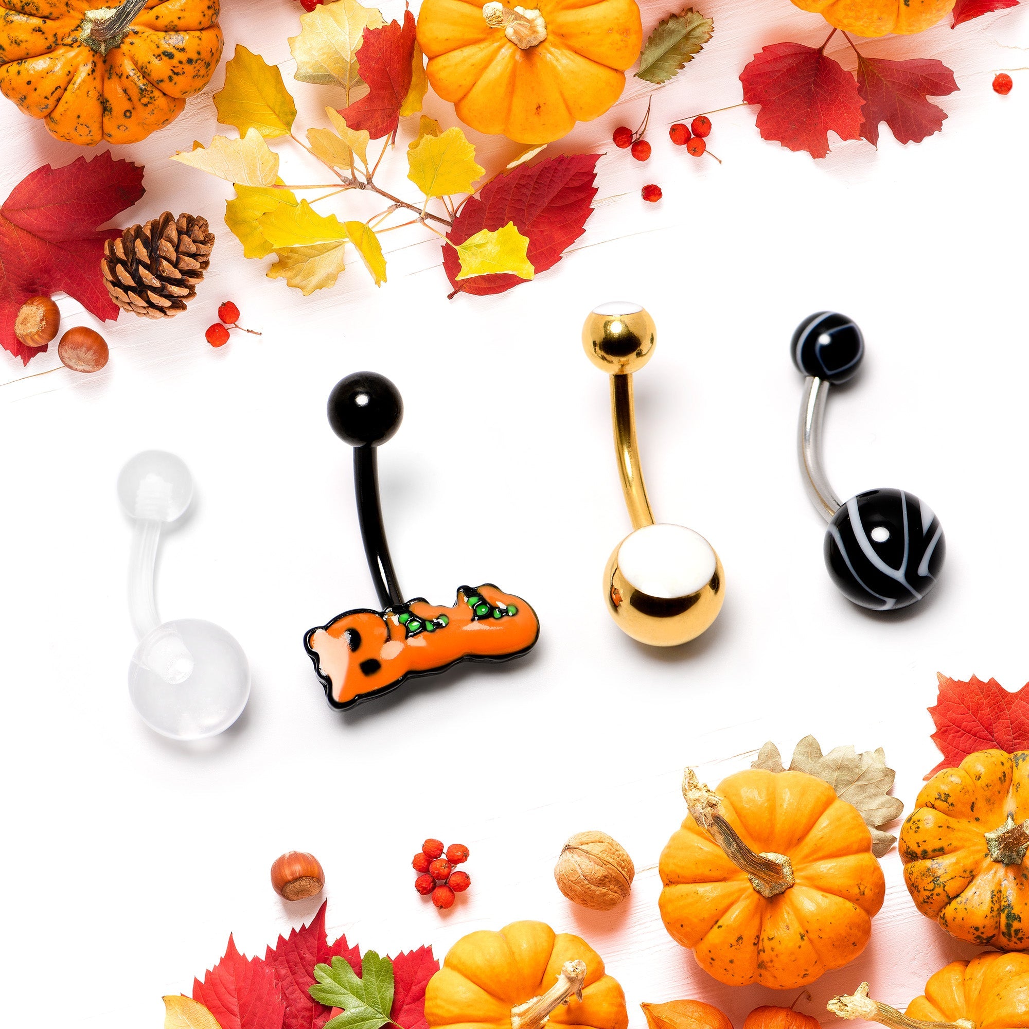 BodyCandy White Gold Tone Clear Halloween Marbelized Boo Belly Ring Set of 4 — in-use photo