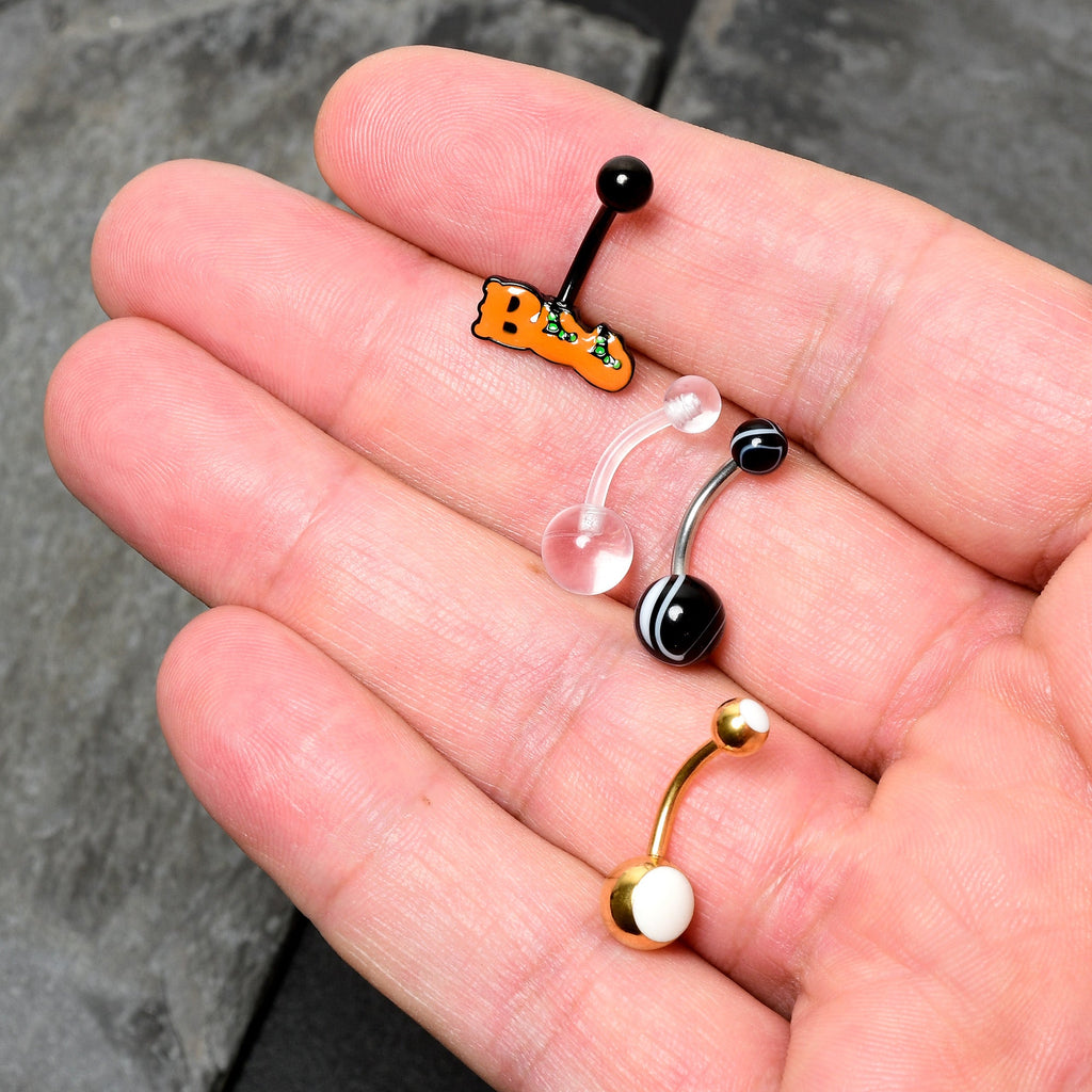 BodyCandy White Gold Tone Clear Halloween Marbelized Boo Belly Ring Set of 4 — size reference