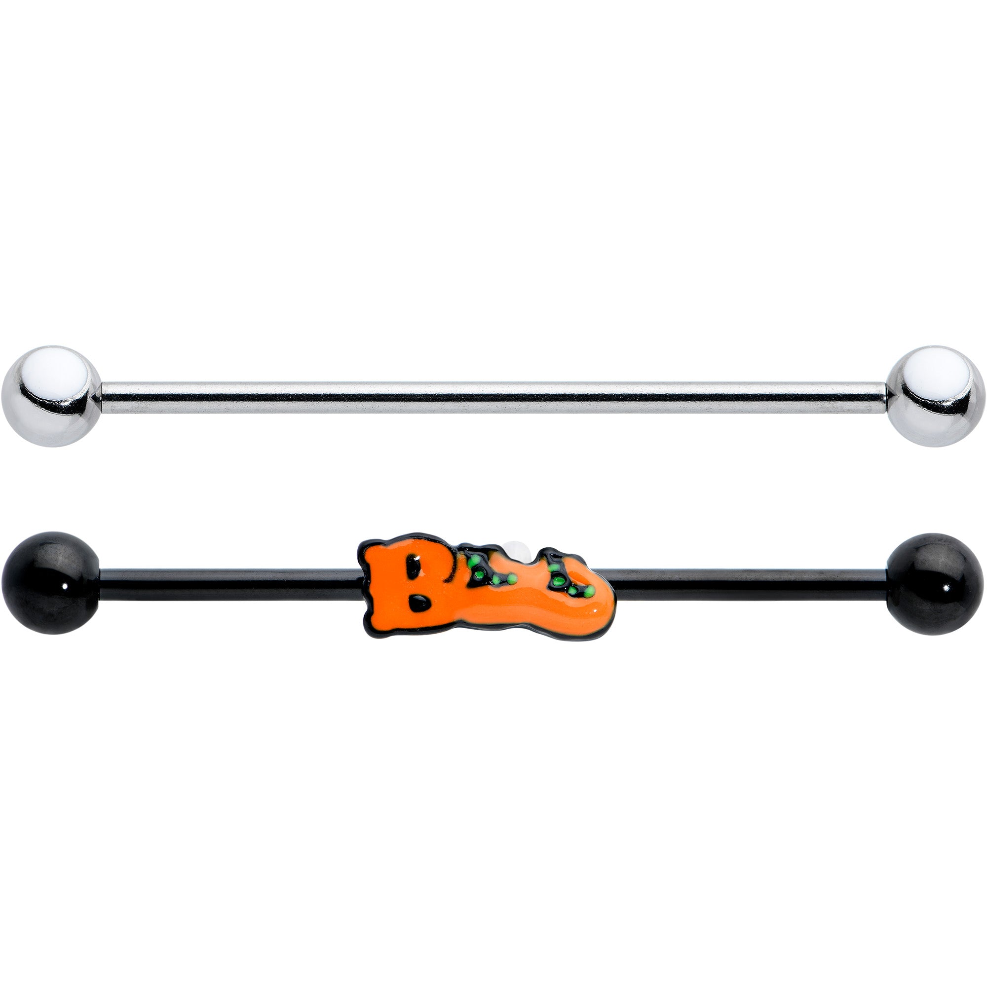 BodyCandy 14G Black Halloween Boo Glow in Dark Industrial Barbell Set of 2 — detail close-up