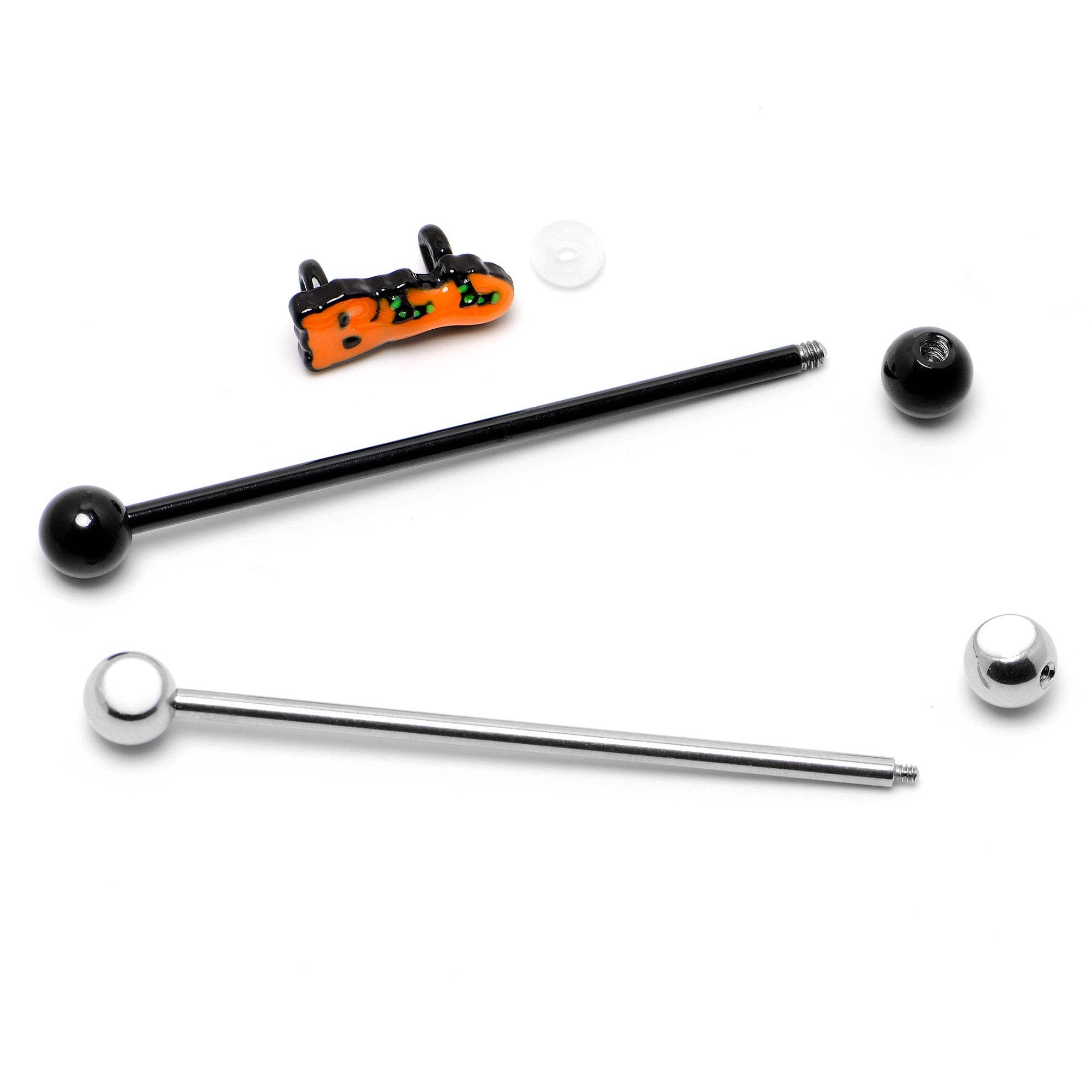 BodyCandy 14G Black Halloween Boo Glow in Dark Industrial Barbell Set of 2 — in-use photo