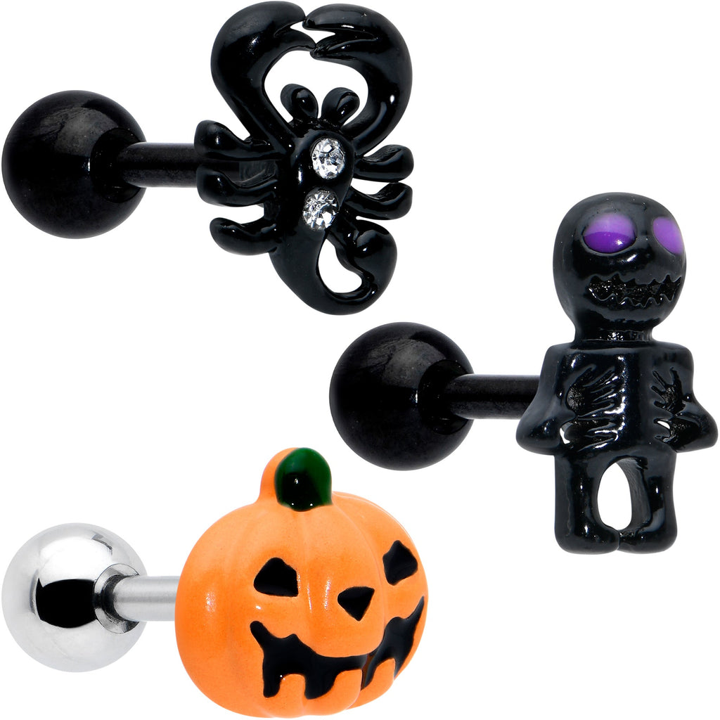 BodyCandy 16G 1/4 Clear Gem Black Scorpion Pumpkin Cartilage Earring Set of 3 — main product shot