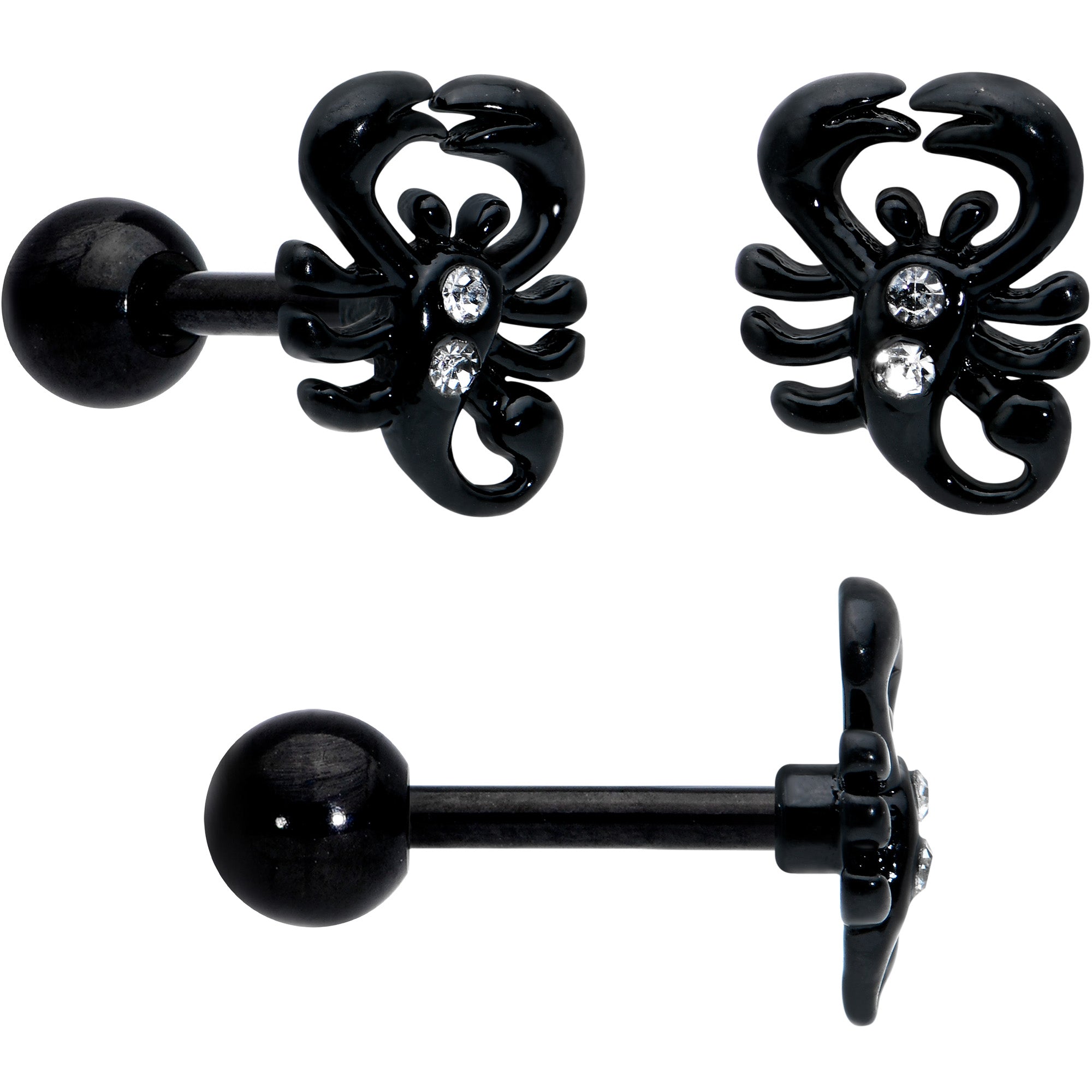 BodyCandy 16G 1/4 Clear Gem Black Scorpion Pumpkin Cartilage Earring Set of 3 — detail close-up