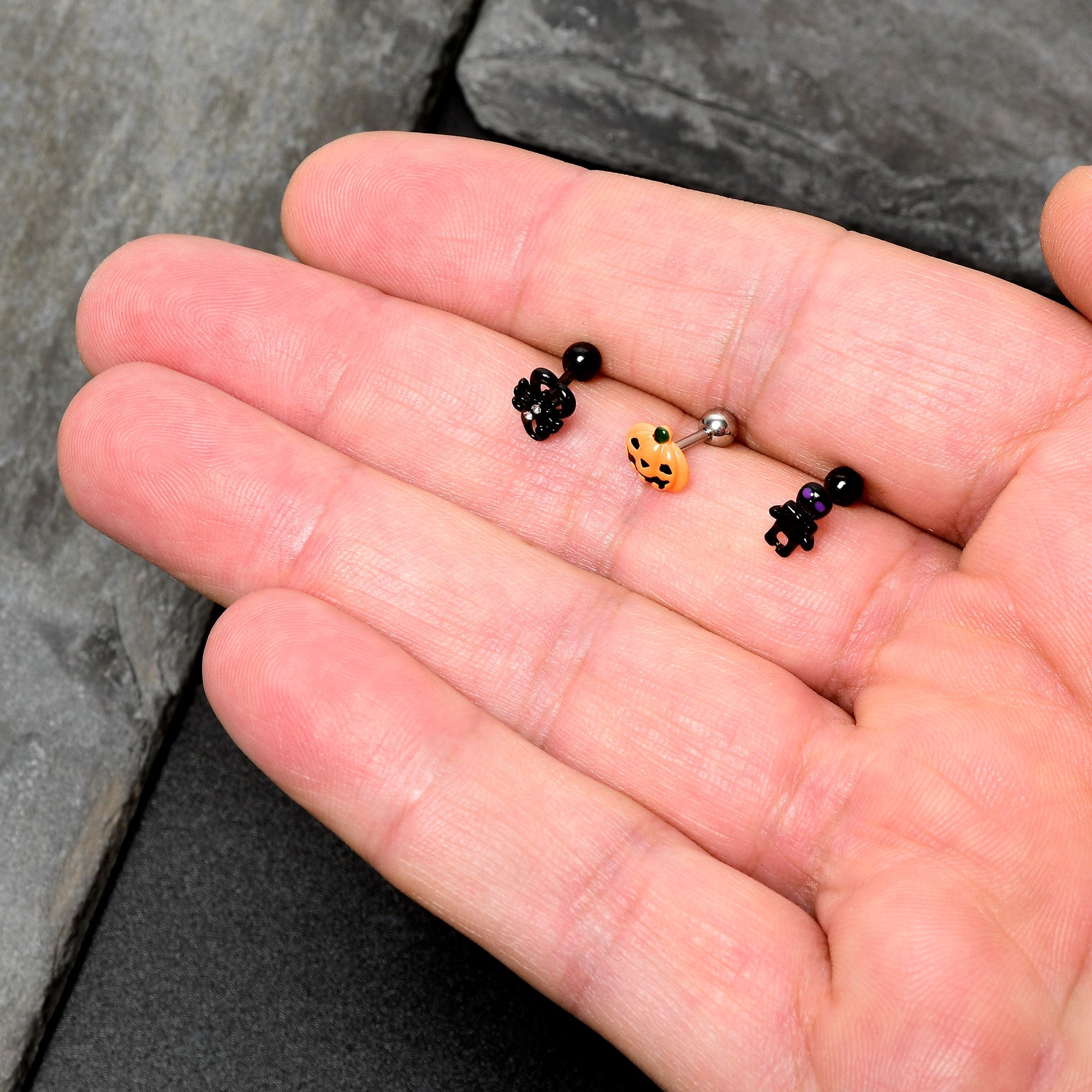 BodyCandy 16G 1/4 Clear Gem Black Scorpion Pumpkin Cartilage Earring Set of 3 — size reference