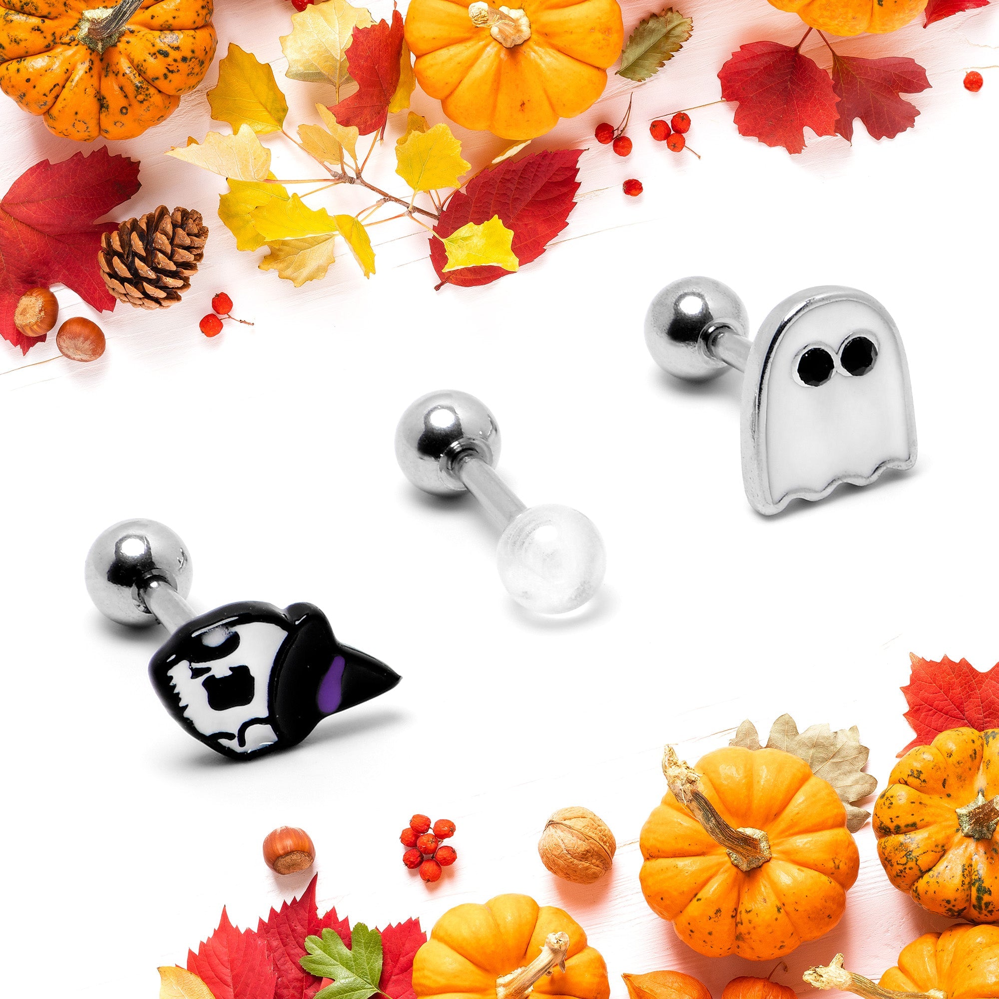 BodyCandy 16G 1/4 Glow in Dark Skull Ghost Halloween Cartilage Set of 3 — alternative angle