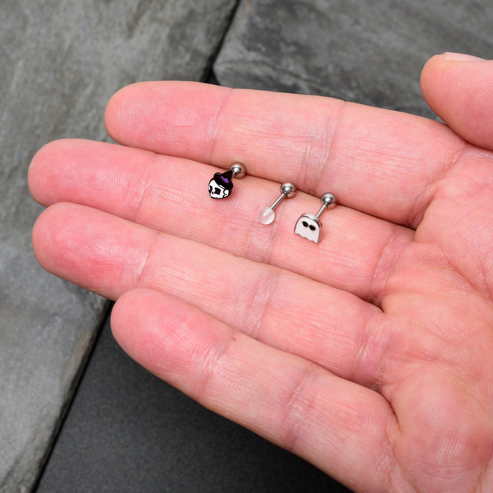 BodyCandy 16G 1/4 Glow in Dark Skull Ghost Halloween Cartilage Set of 3 — size reference