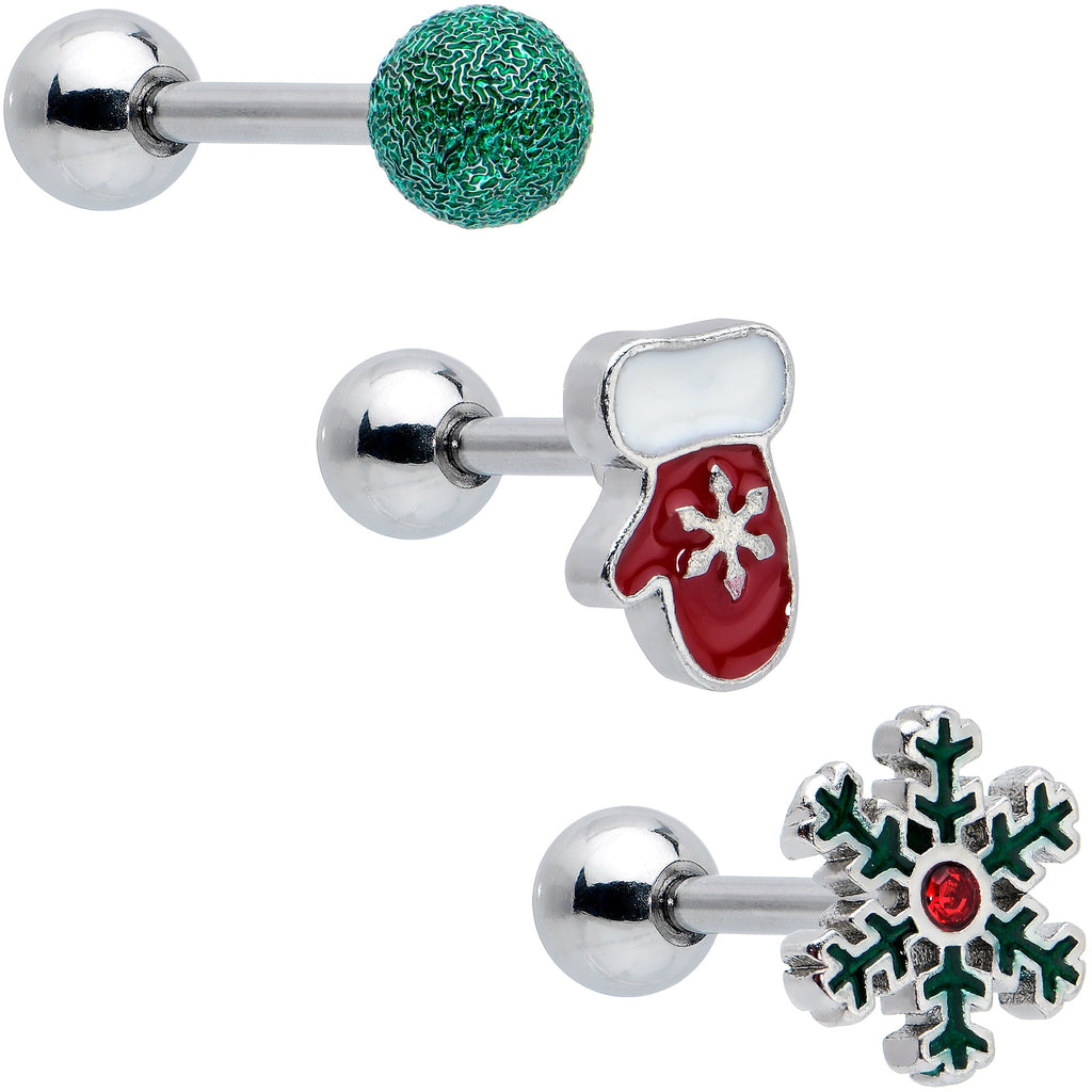BodyCandy 16G 1/4 Red Gem Mitten Snowflake Cartilage Tragus Earring Curation Set of 3 — main product shot