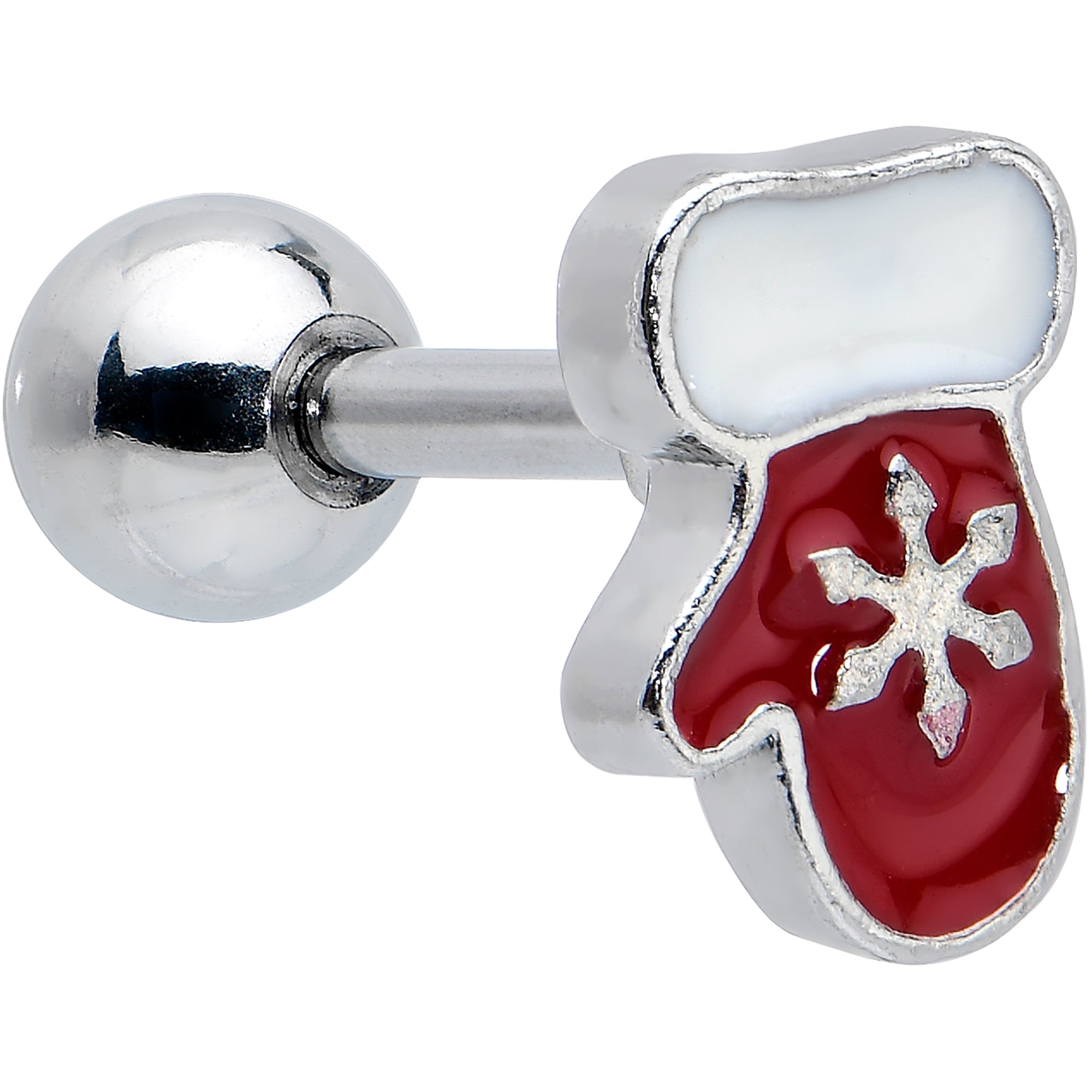 BodyCandy 16G 1/4 Red Gem Mitten Snowflake Cartilage Tragus Earring Curation Set of 3 — detail close-up