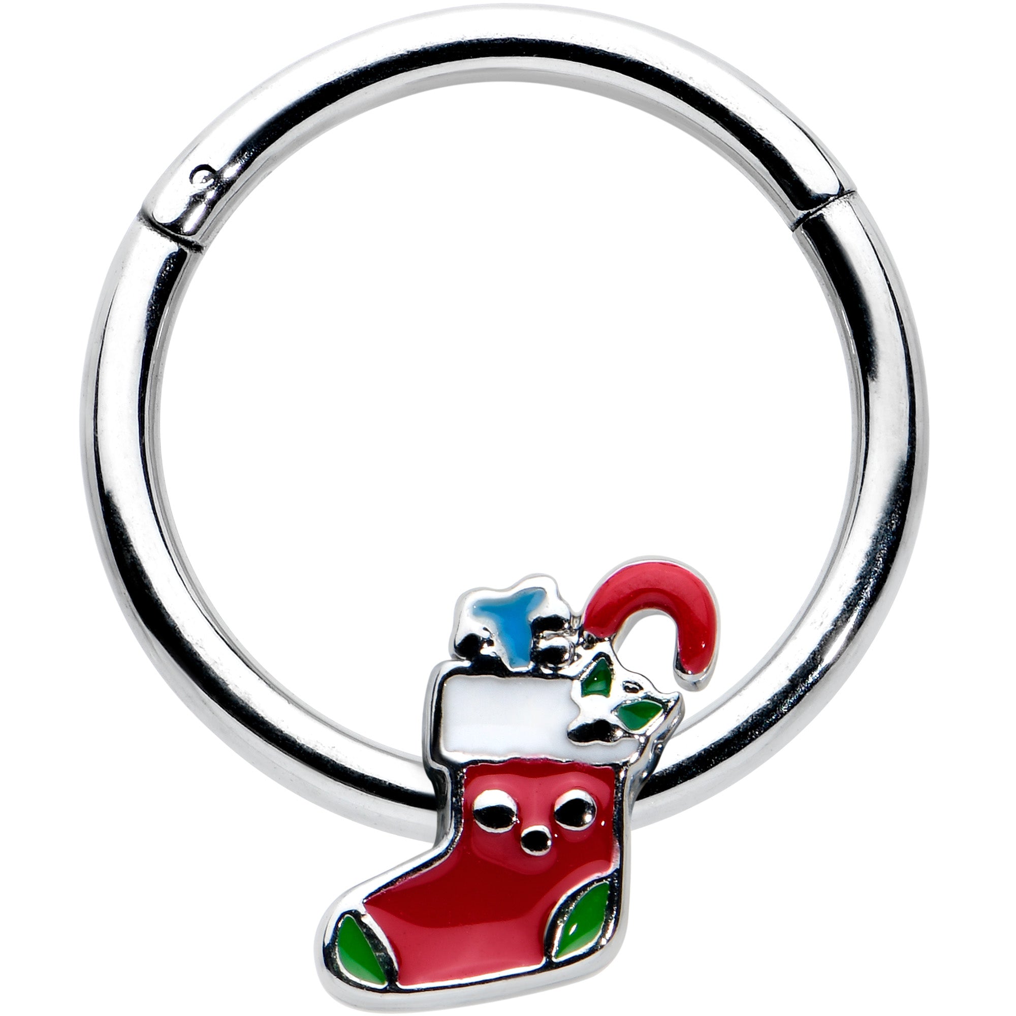 BodyCandy 16G 3/8 Happy Christmas Stocking Red Green Hinged Segment Ring — main product shot