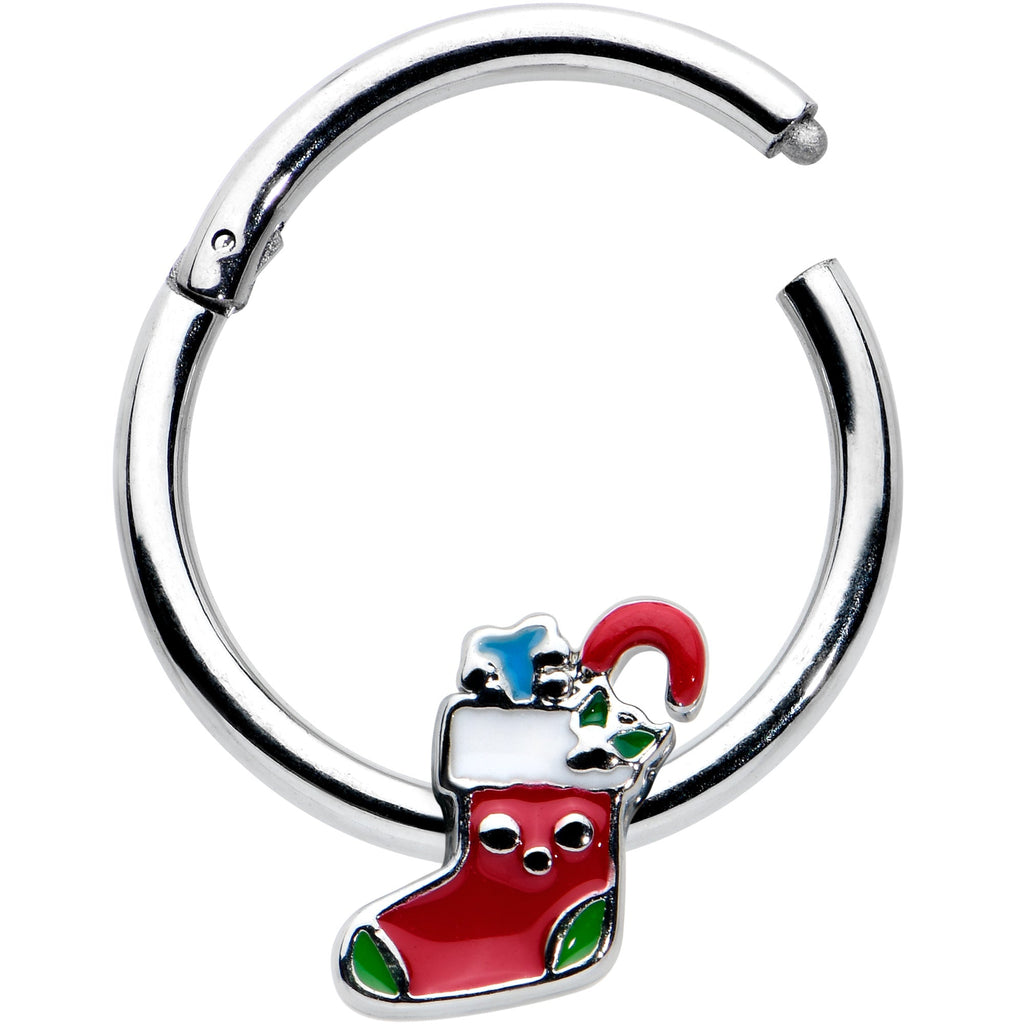 BodyCandy 16G 3/8 Happy Christmas Stocking Red Green Hinged Segment Ring — detail close-up