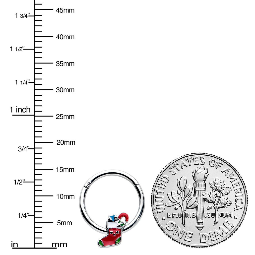 BodyCandy 16G 3/8 Happy Christmas Stocking Red Green Hinged Segment Ring — lifestyle context