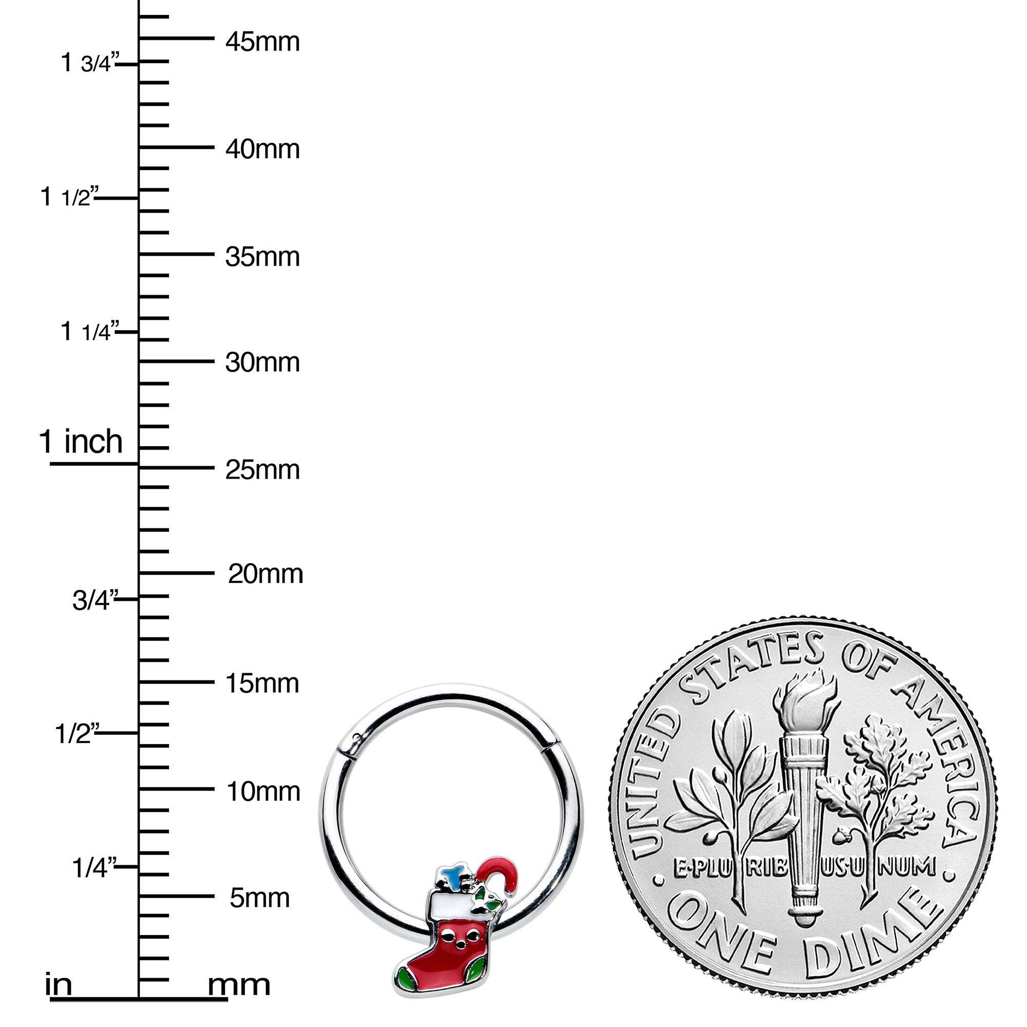BodyCandy 16G 3/8 Happy Christmas Stocking Red Green Hinged Segment Ring — lifestyle context