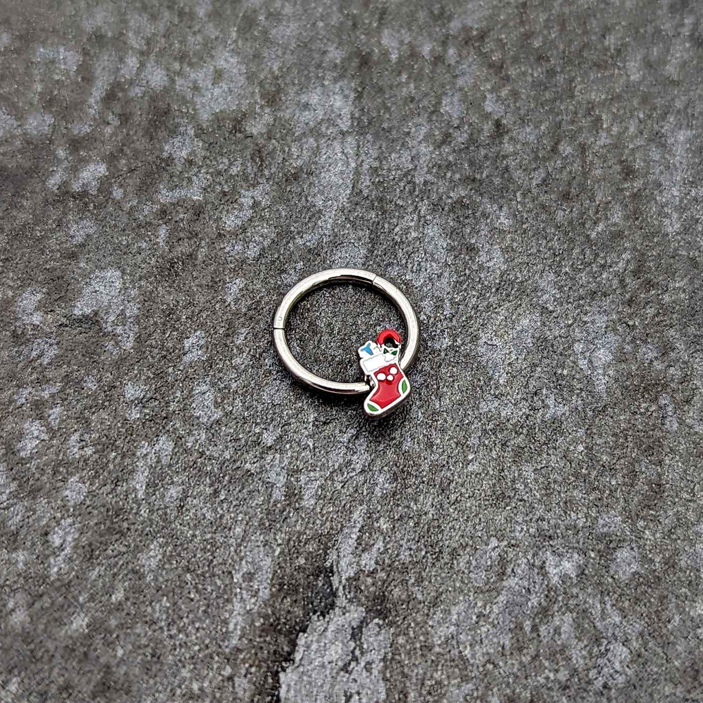 BodyCandy 16G 3/8 Happy Christmas Stocking Red Green Hinged Segment Ring — side view