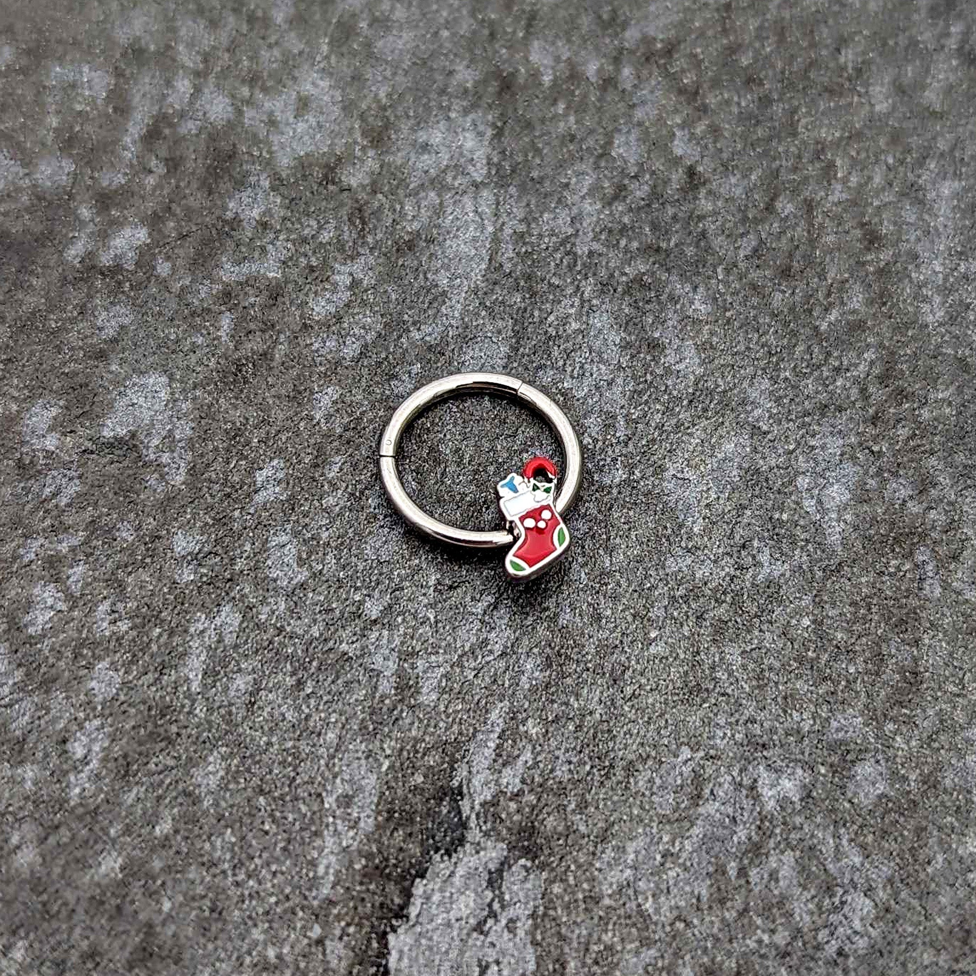 BodyCandy 16G 3/8 Happy Christmas Stocking Red Green Hinged Segment Ring — side view