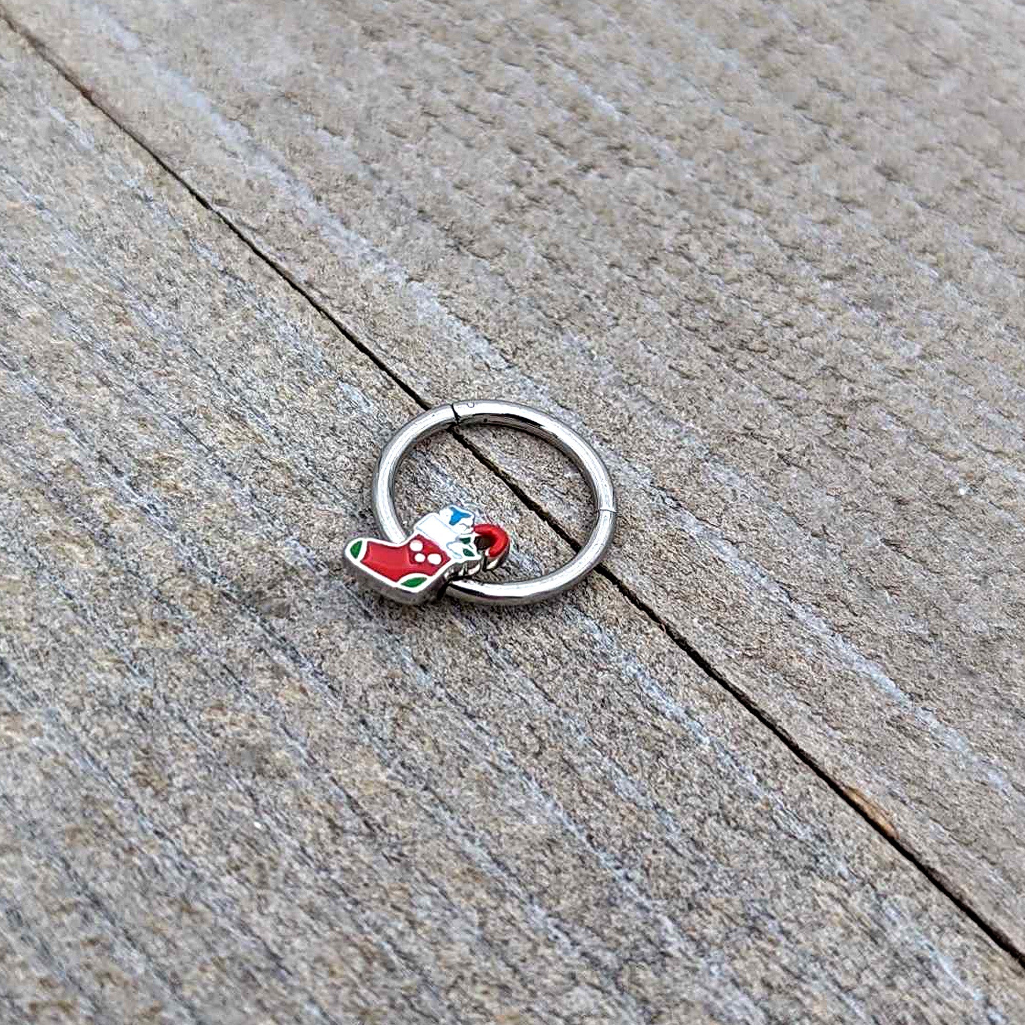 BodyCandy 16G 3/8 Happy Christmas Stocking Red Green Hinged Segment Ring — alternative angle