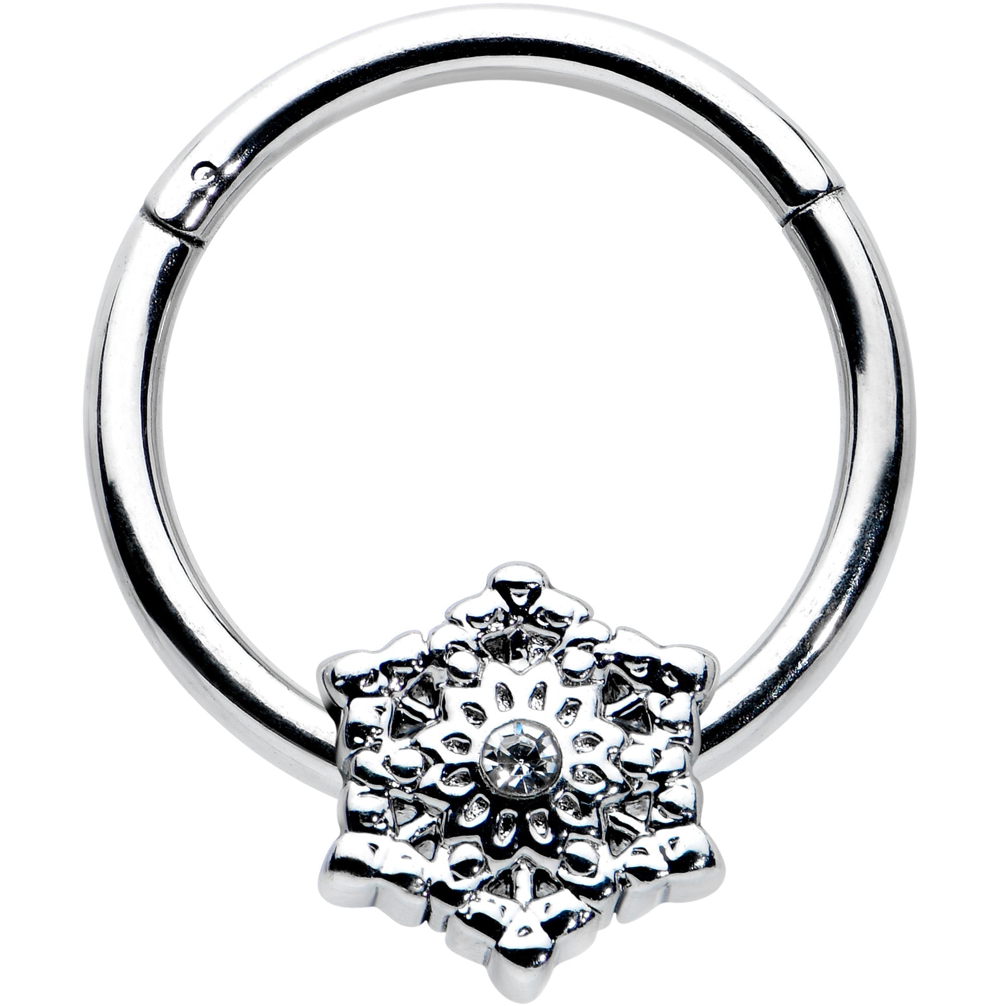 BodyCandy 16G 3/8 Clear Gem Filigree Winter Snowflake Hinged Segment Ring — main product shot