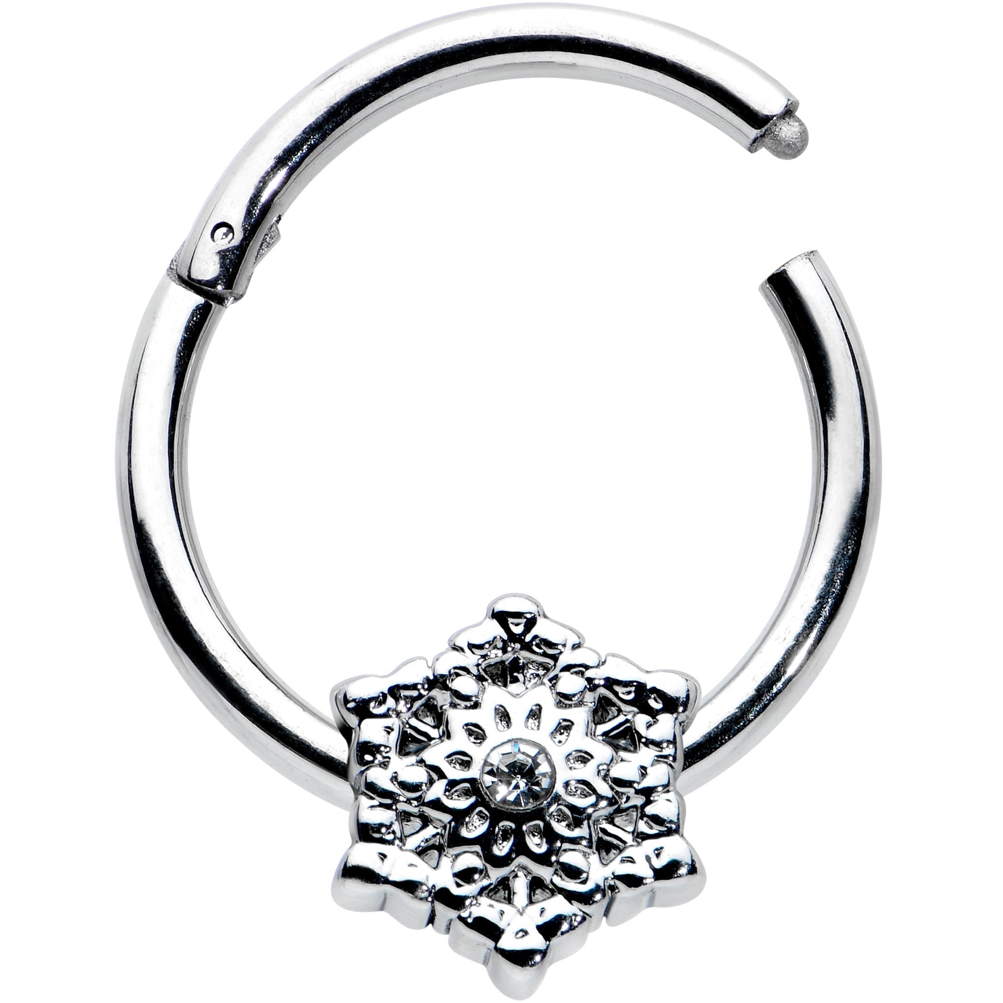BodyCandy 16G 3/8 Clear Gem Filigree Winter Snowflake Hinged Segment Ring — detail close-up