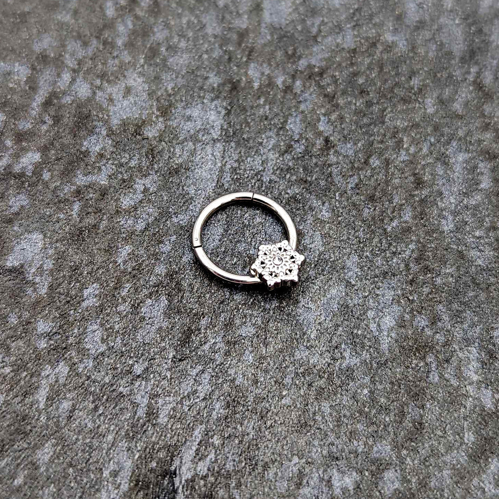 BodyCandy 16G 3/8 Clear Gem Filigree Winter Snowflake Hinged Segment Ring — side view