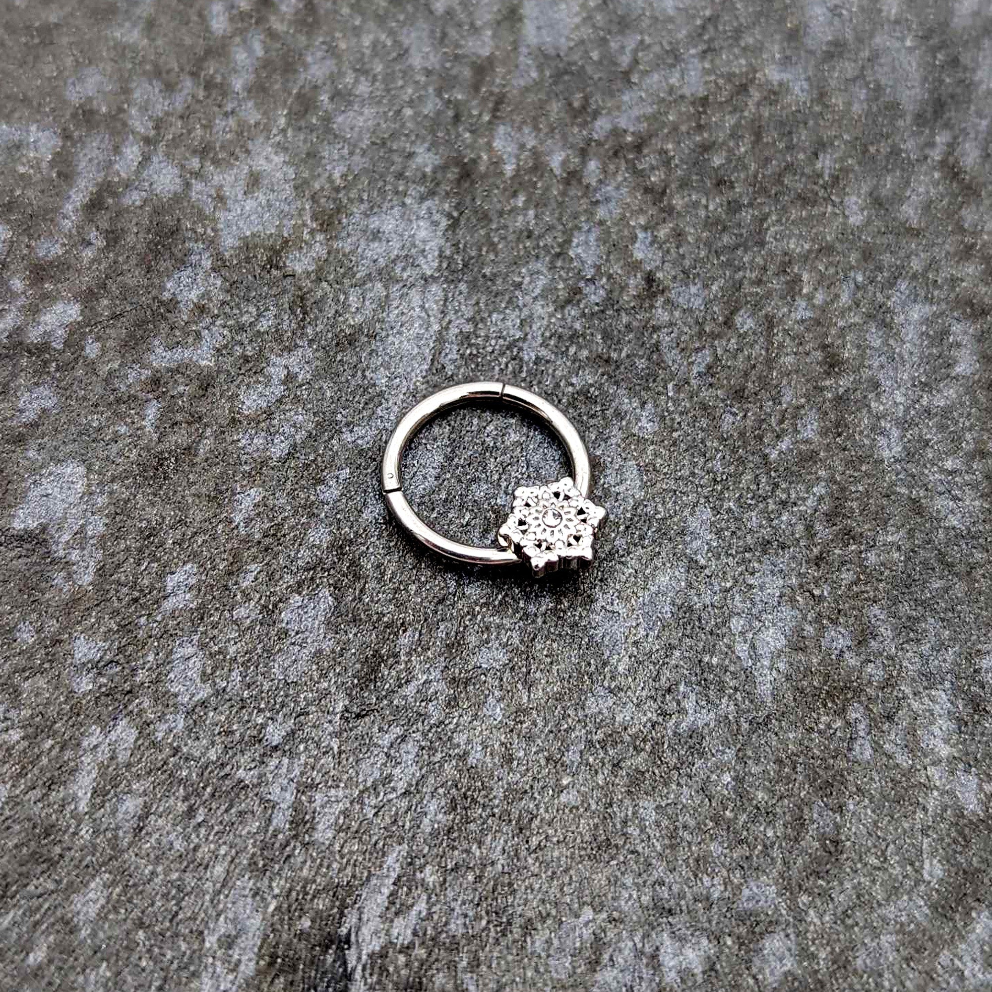BodyCandy 16G 3/8 Clear Gem Filigree Winter Snowflake Hinged Segment Ring — side view