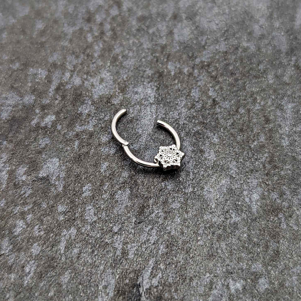 BodyCandy 16G 3/8 Clear Gem Filigree Winter Snowflake Hinged Segment Ring — back view