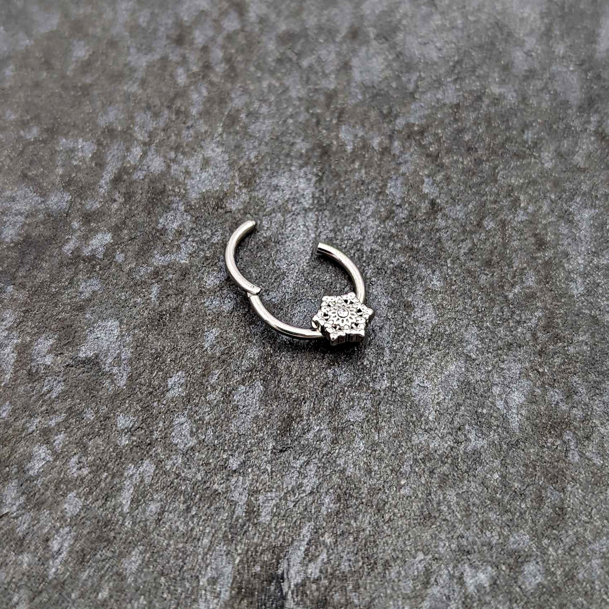 BodyCandy 16G 3/8 Clear Gem Filigree Winter Snowflake Hinged Segment Ring — back view