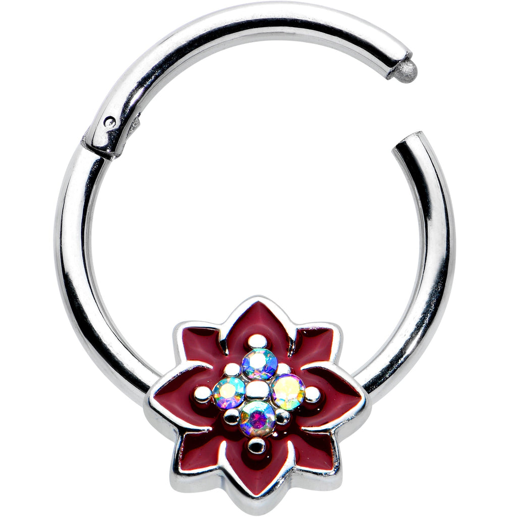 BodyCandy 16G 3/8 Aurora Gem Poinsettia Flower Festive Hinged Segment Ring — detail close-up