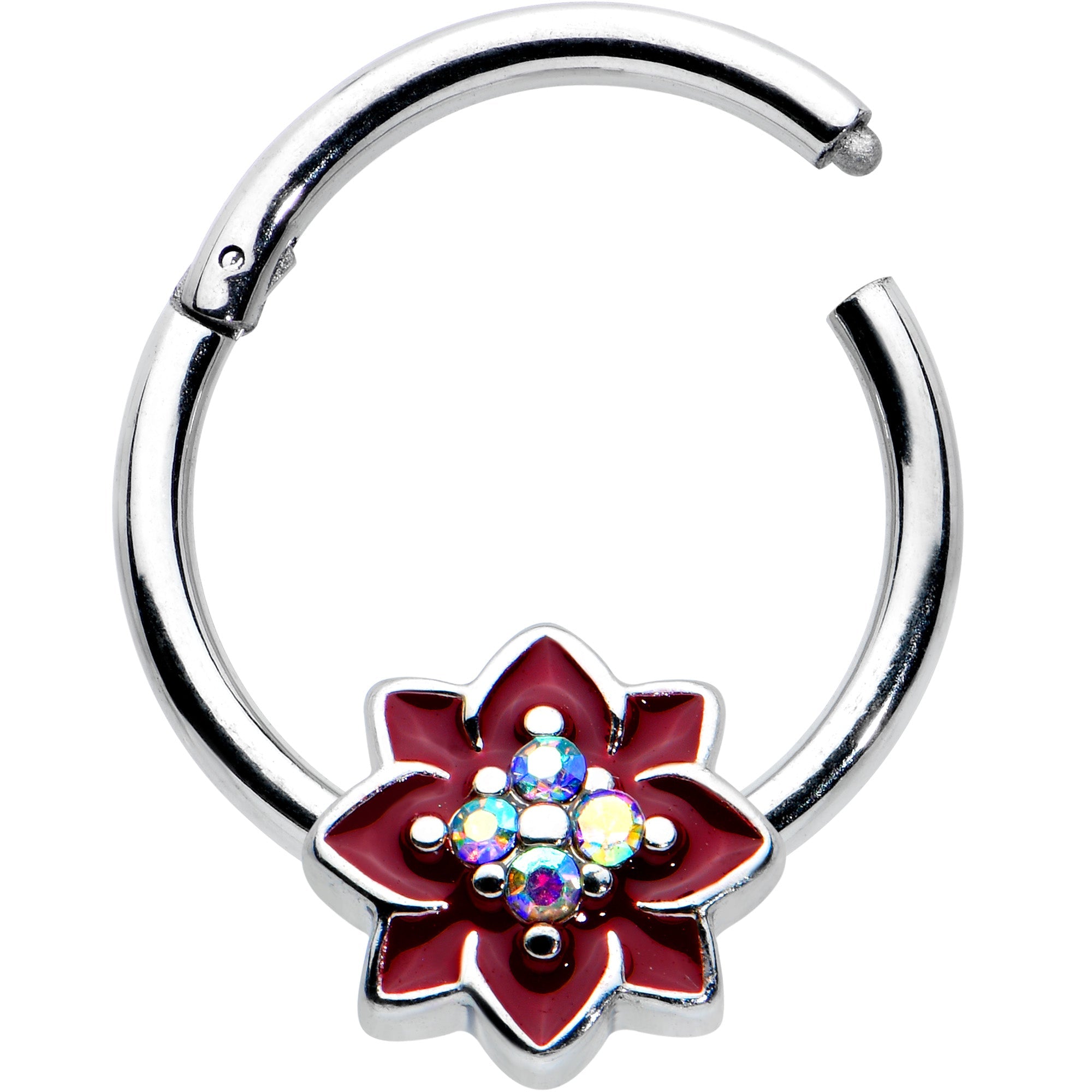 BodyCandy 16G 3/8 Aurora Gem Poinsettia Flower Festive Hinged Segment Ring — detail close-up