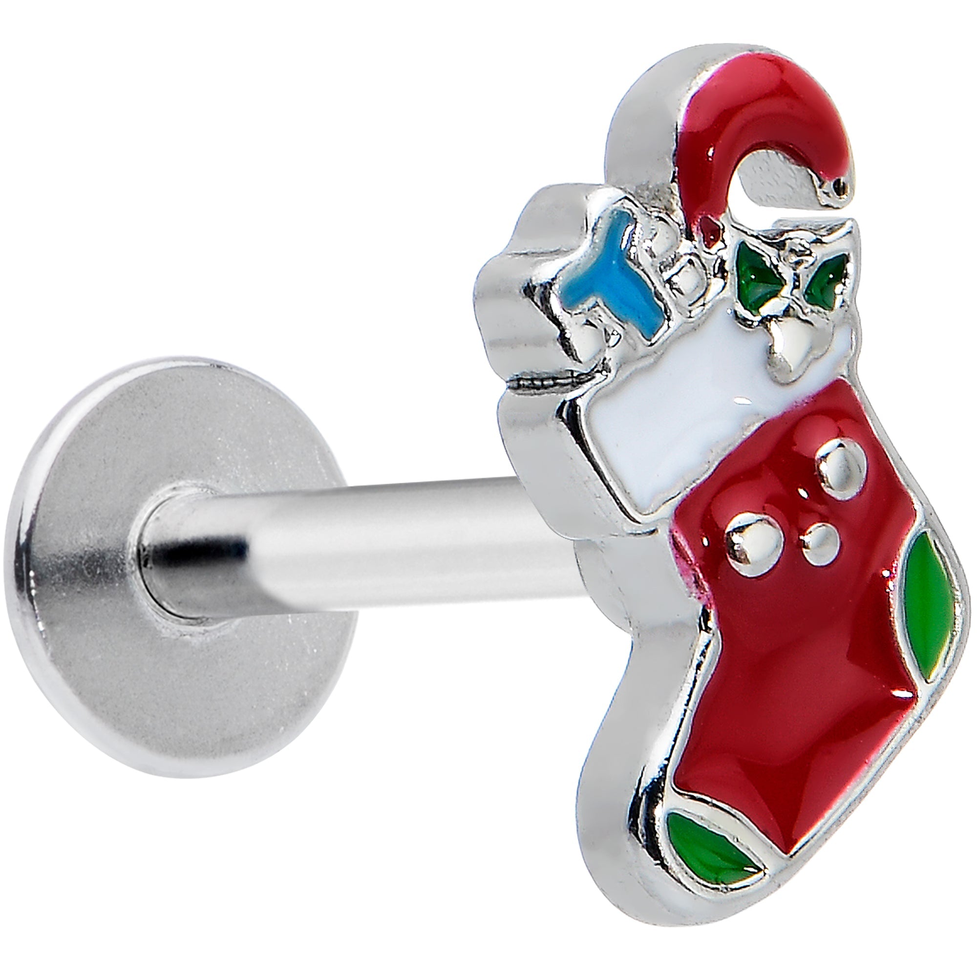 BodyCandy 16G 5/16 Happy Christmas Stocking Red Green Labret Monroe Tragus — main product shot