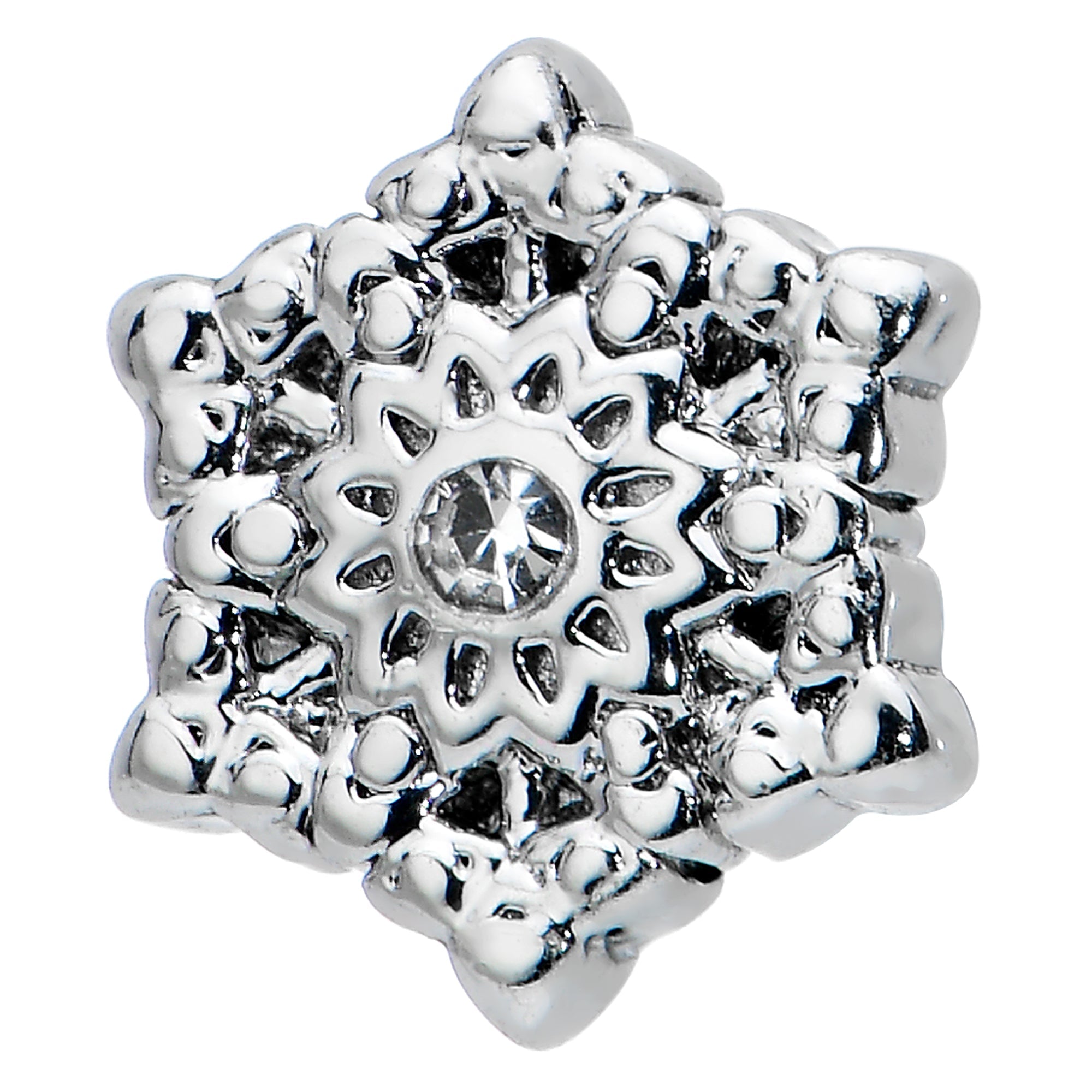 BodyCandy 16G 1/4 Clear Gem Filigree Epic Snowflake Cartilage Tragus Earring — detail close-up