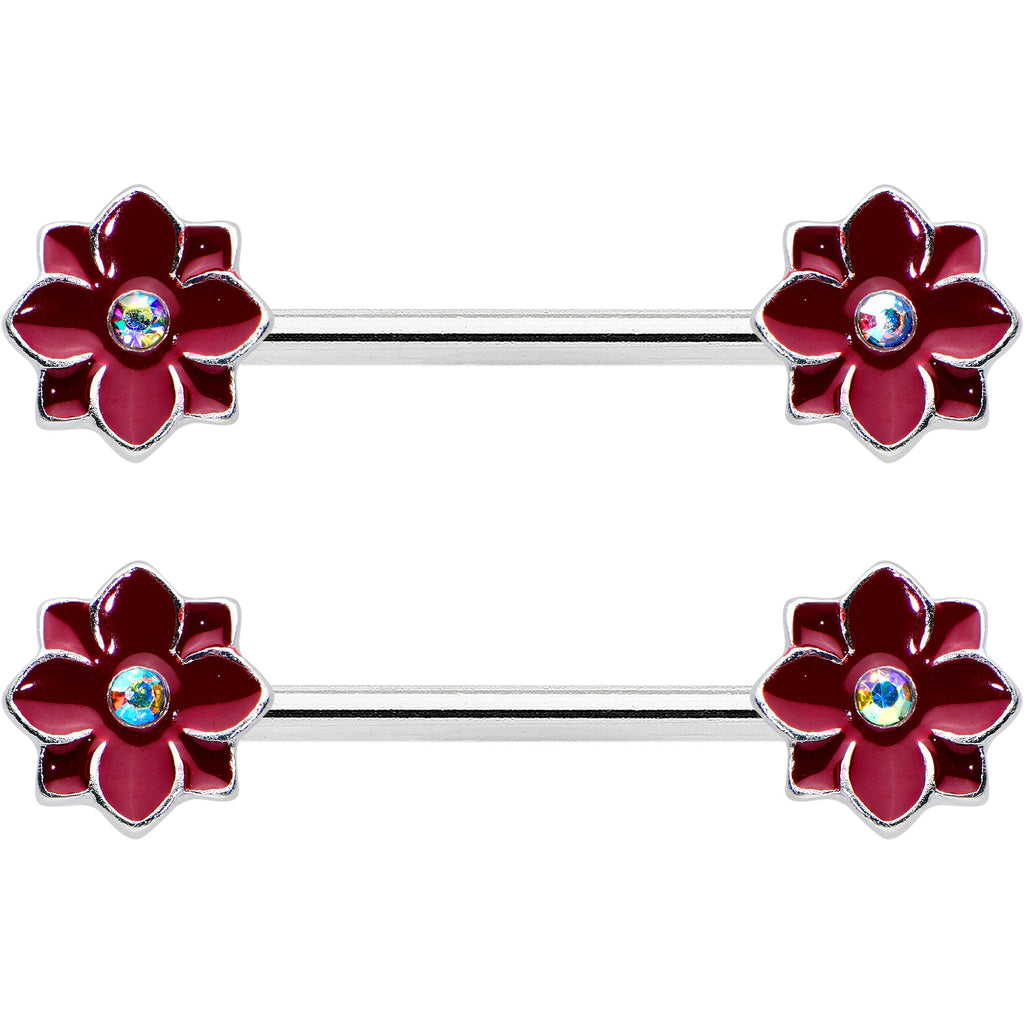 BodyCandy 14G 9/16 Aurora Gem Poinsettia Flower Barbell Nipple Ring Set — detail close-up