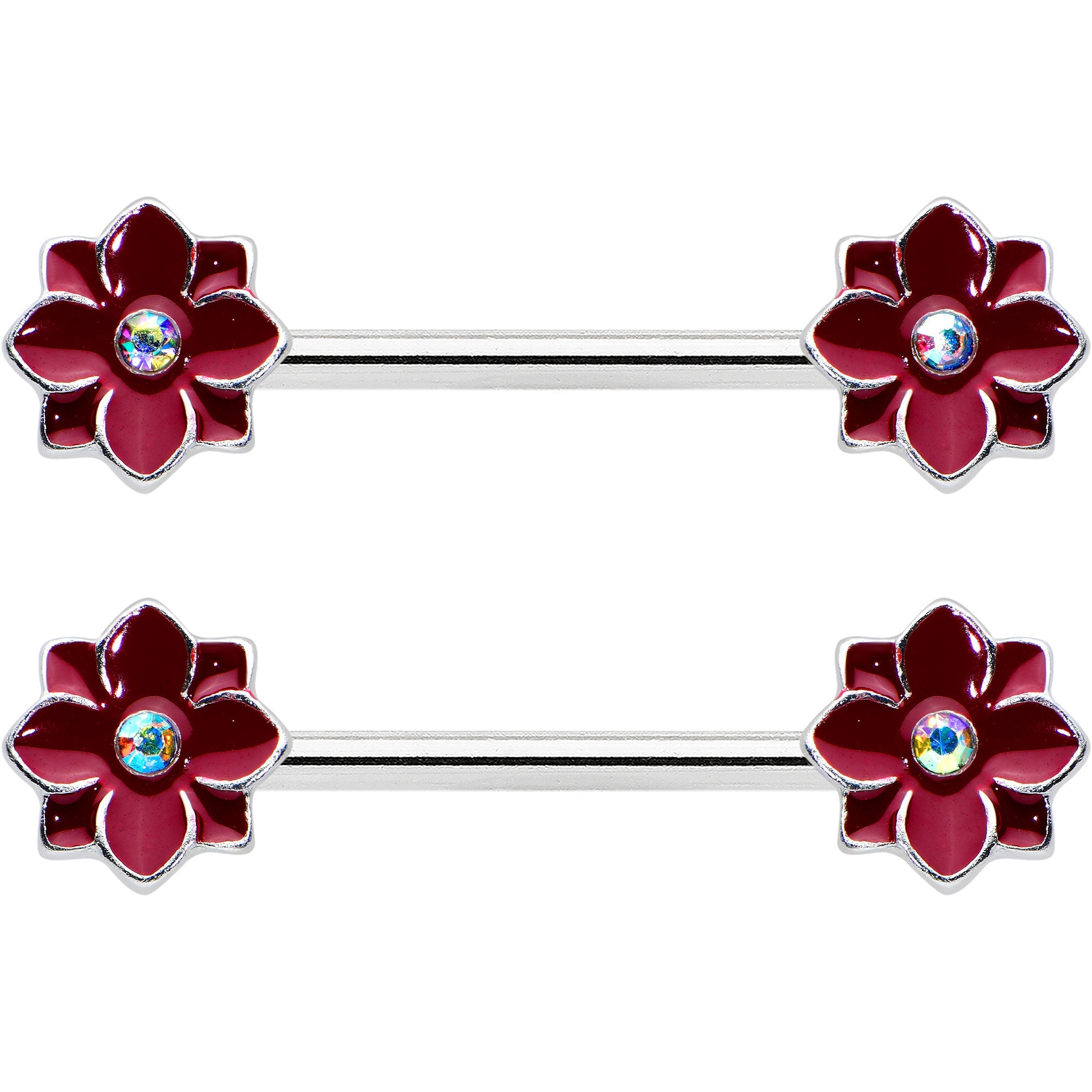 BodyCandy 14G 9/16 Aurora Gem Poinsettia Flower Barbell Nipple Ring Set — detail close-up