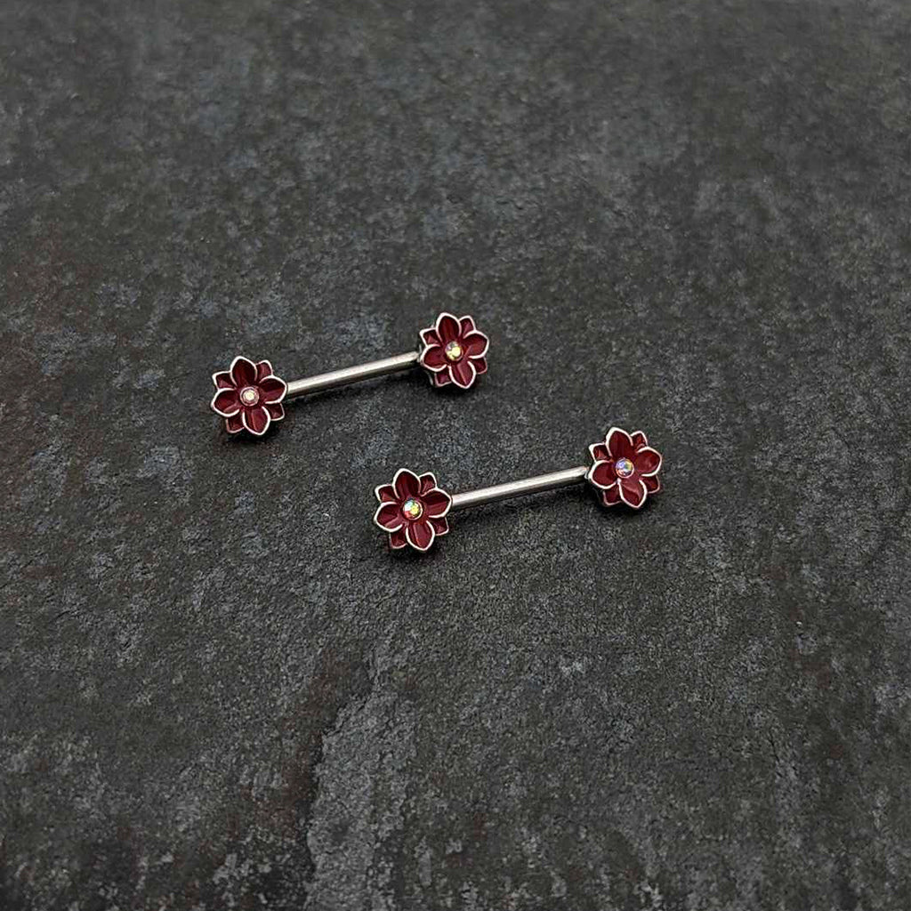 BodyCandy 14G 9/16 Aurora Gem Poinsettia Flower Barbell Nipple Ring Set — side view