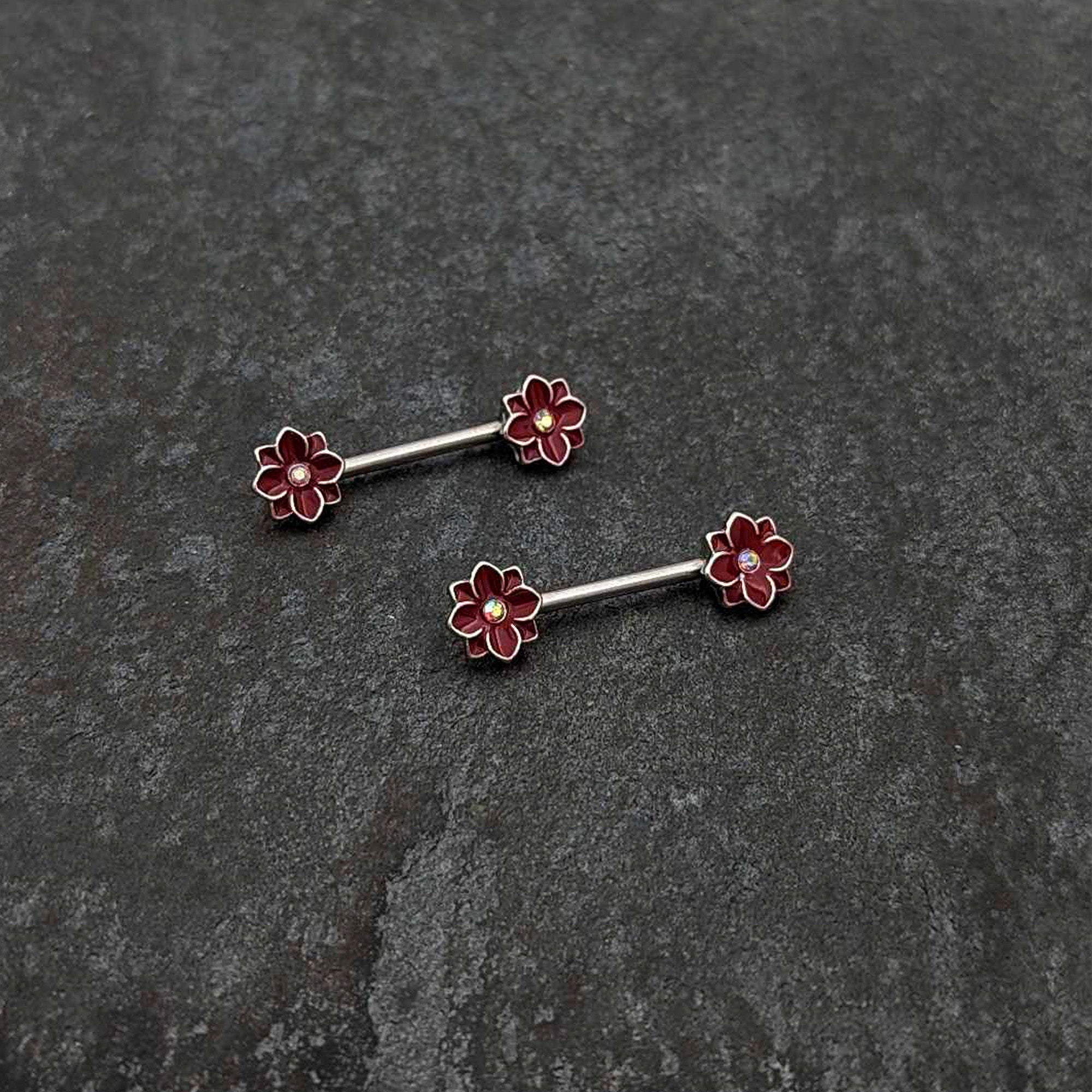 BodyCandy 14G 9/16 Aurora Gem Poinsettia Flower Barbell Nipple Ring Set — side view