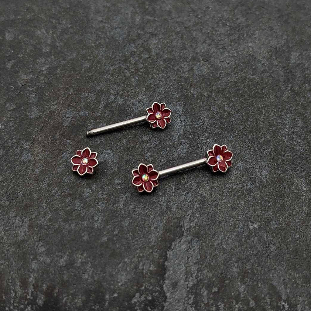BodyCandy 14G 9/16 Aurora Gem Poinsettia Flower Barbell Nipple Ring Set — back view