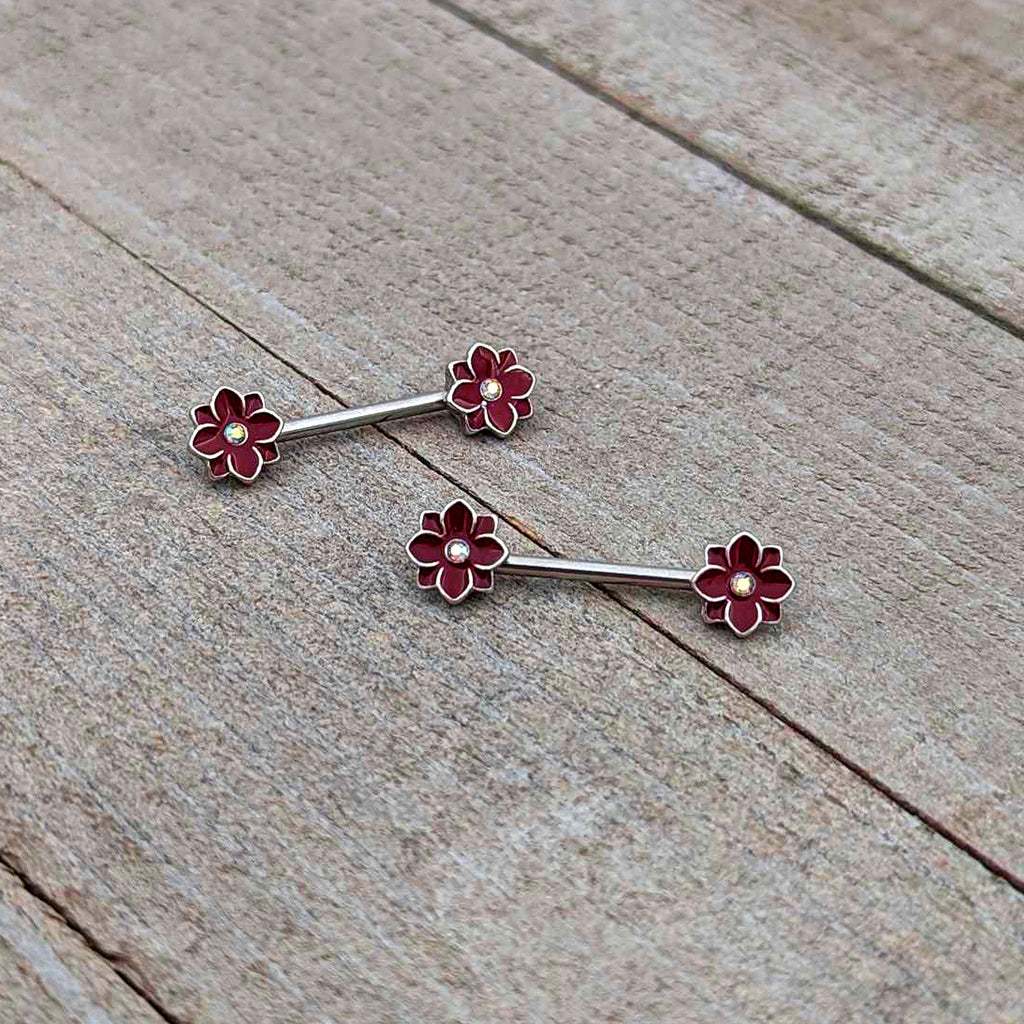 BodyCandy 14G 9/16 Aurora Gem Poinsettia Flower Barbell Nipple Ring Set — alternative angle