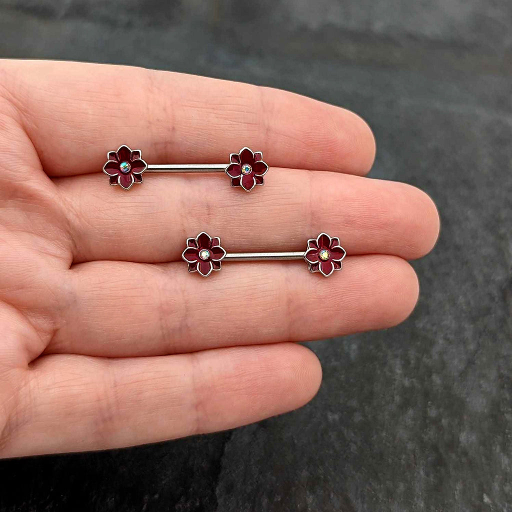 BodyCandy 14G 9/16 Aurora Gem Poinsettia Flower Barbell Nipple Ring Set — size reference