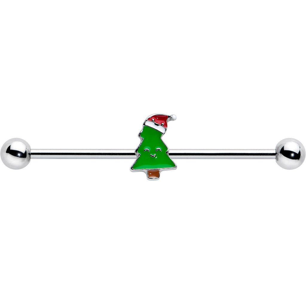 BodyCandy 14G Happy Christmas Tree Hat Holiday Industrial Barbell 38mm — detail close-up