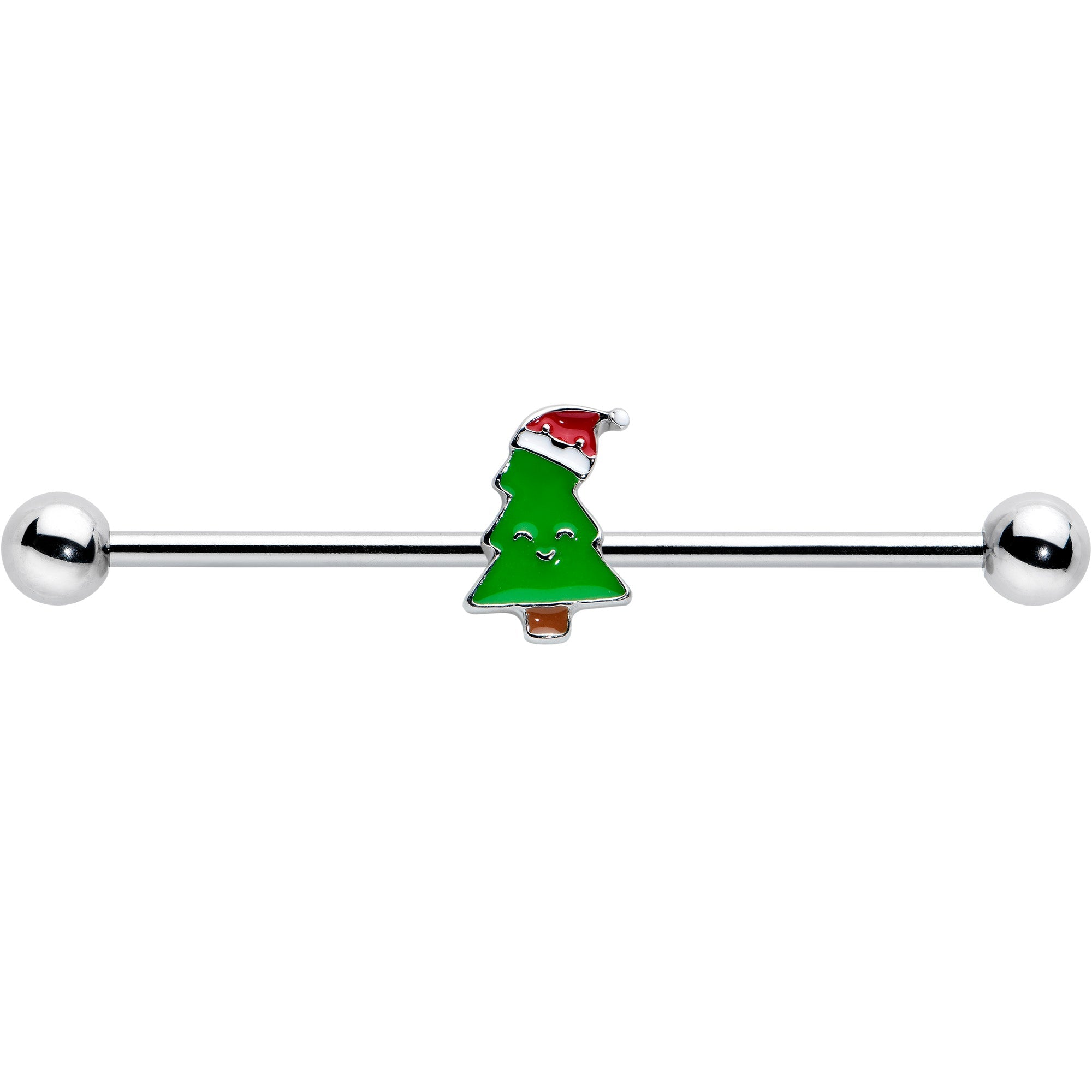 BodyCandy 14G Happy Christmas Tree Hat Holiday Industrial Barbell 38mm — detail close-up