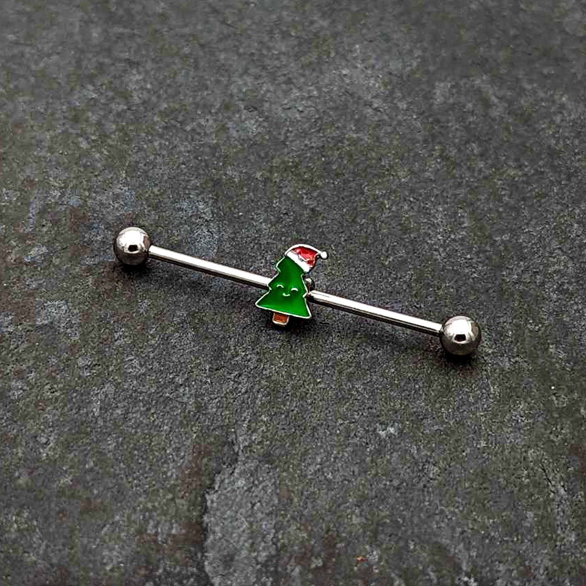 BodyCandy 14G Happy Christmas Tree Hat Holiday Industrial Barbell 38mm — side view