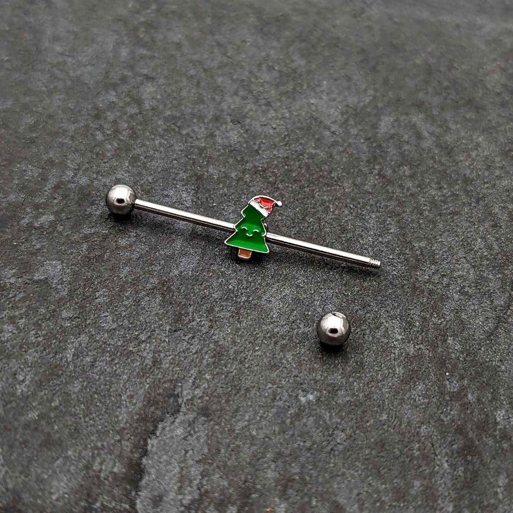 BodyCandy 14G Happy Christmas Tree Hat Holiday Industrial Barbell 38mm — back view