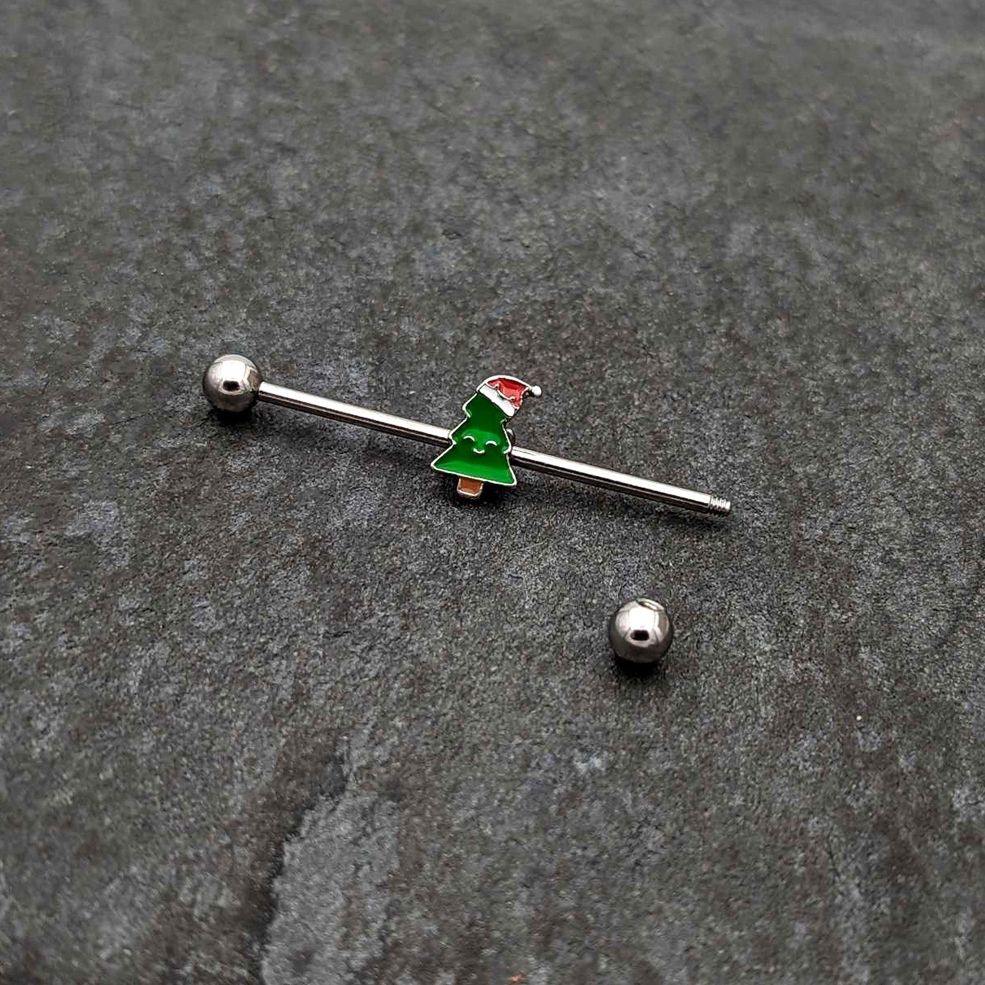 BodyCandy 14G Happy Christmas Tree Hat Holiday Industrial Barbell 38mm — back view