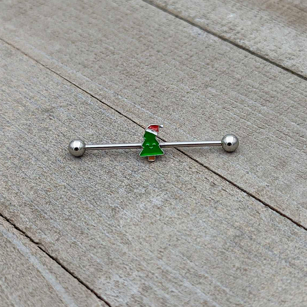 BodyCandy 14G Happy Christmas Tree Hat Holiday Industrial Barbell 38mm — alternative angle