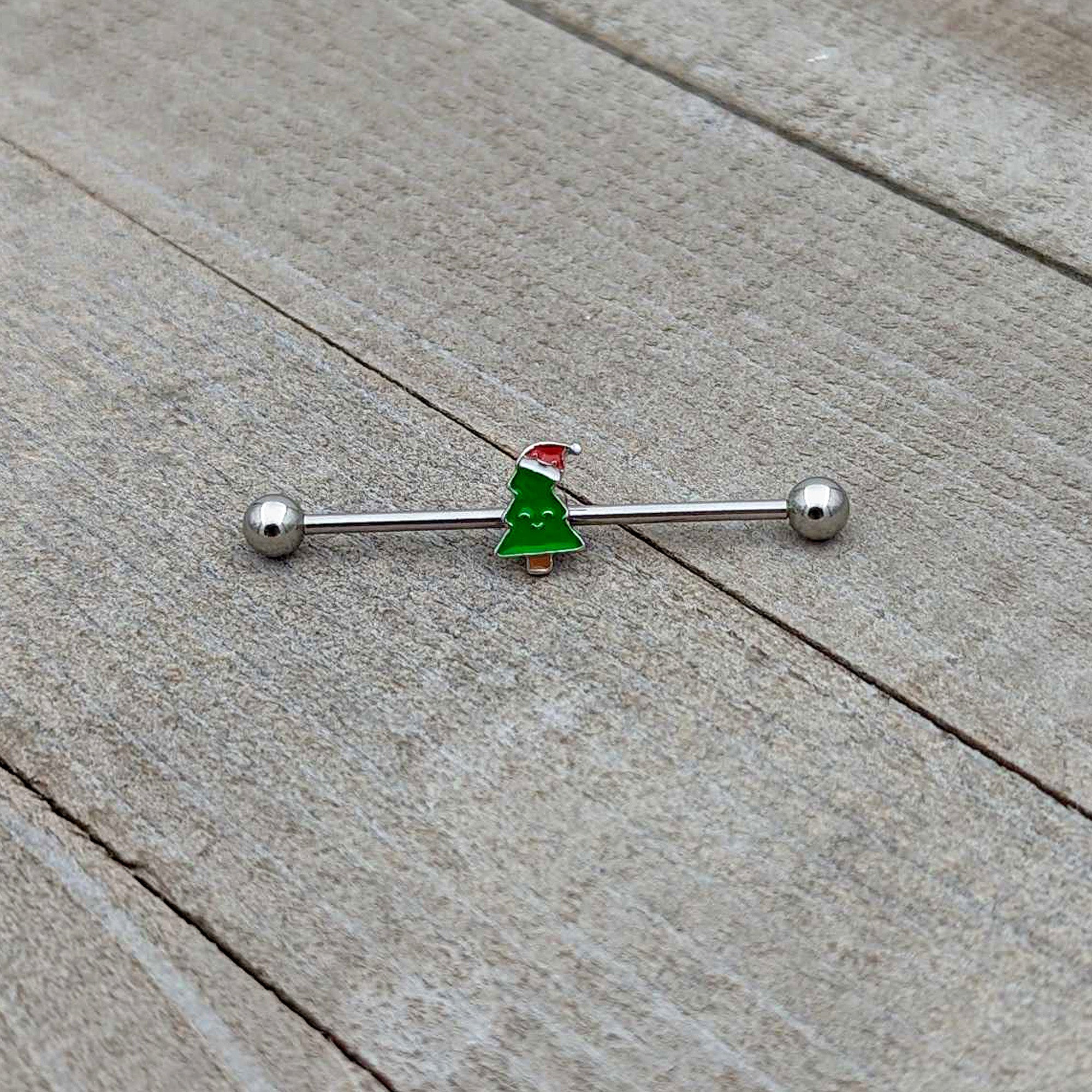 BodyCandy 14G Happy Christmas Tree Hat Holiday Industrial Barbell 38mm — alternative angle