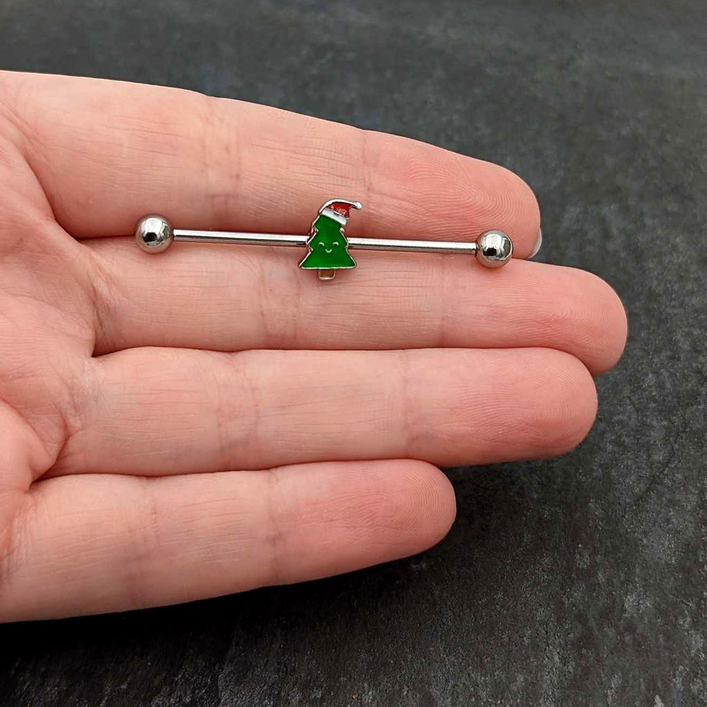 BodyCandy 14G Happy Christmas Tree Hat Holiday Industrial Barbell 38mm — size reference