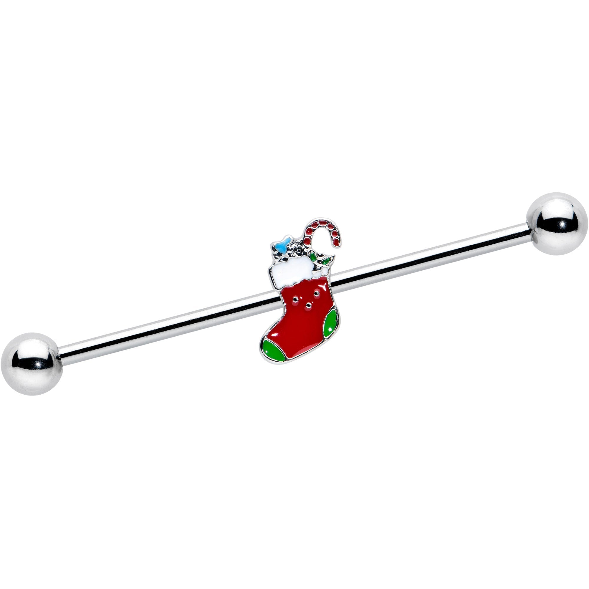 BodyCandy 14G Happy Christmas Stocking Red Green Industrial Barbell 38mm — main product shot