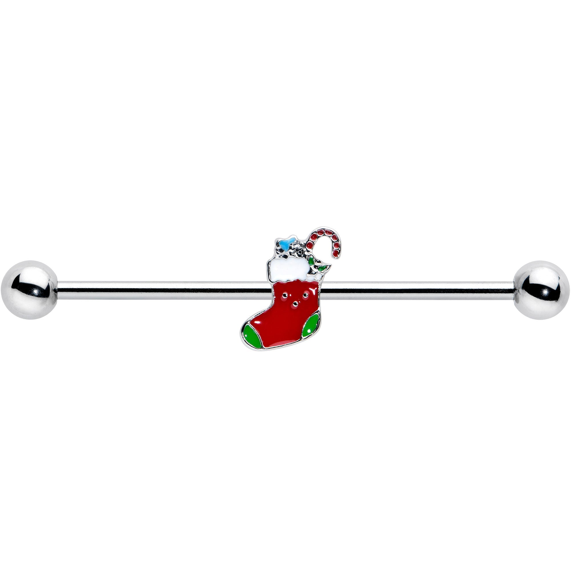 BodyCandy 14G Happy Christmas Stocking Red Green Industrial Barbell 38mm — detail close-up