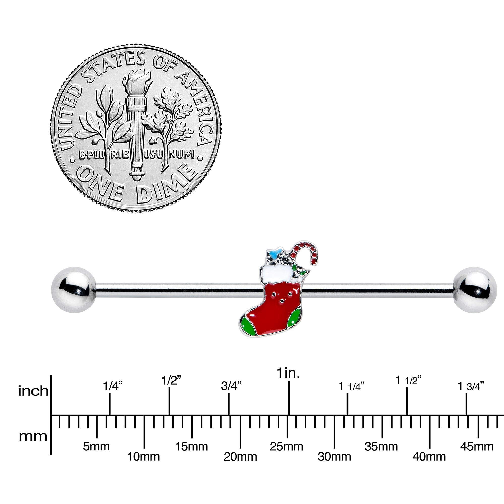 BodyCandy 14G Happy Christmas Stocking Red Green Industrial Barbell 38mm — lifestyle context