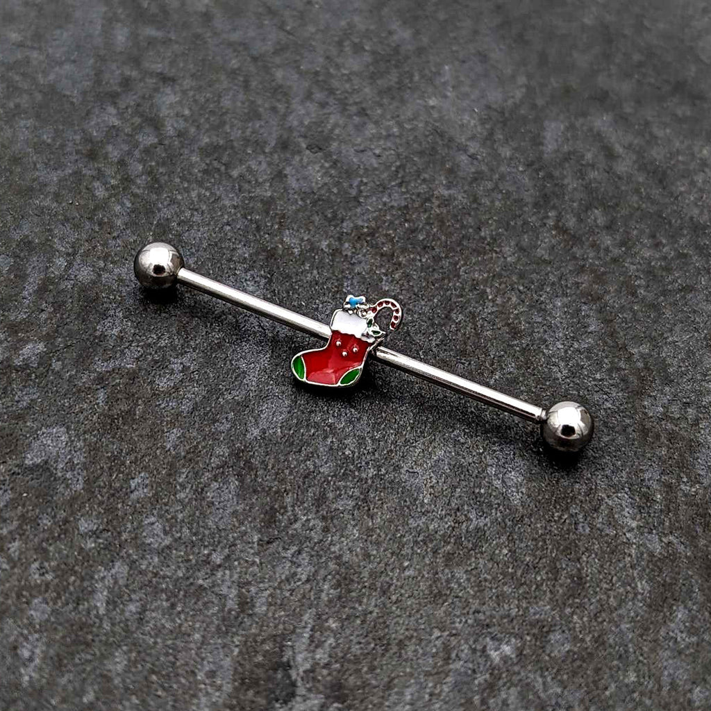 BodyCandy 14G Happy Christmas Stocking Red Green Industrial Barbell 38mm — side view